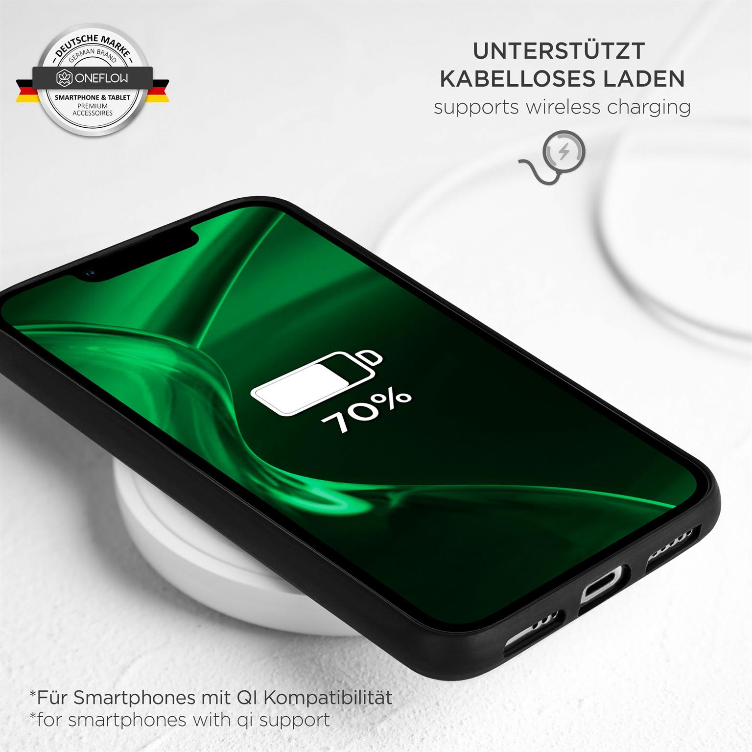 Smartphone auf kabellosem Ladegerät, mit 70% Akkuanzeige, grüner Bildschirm.