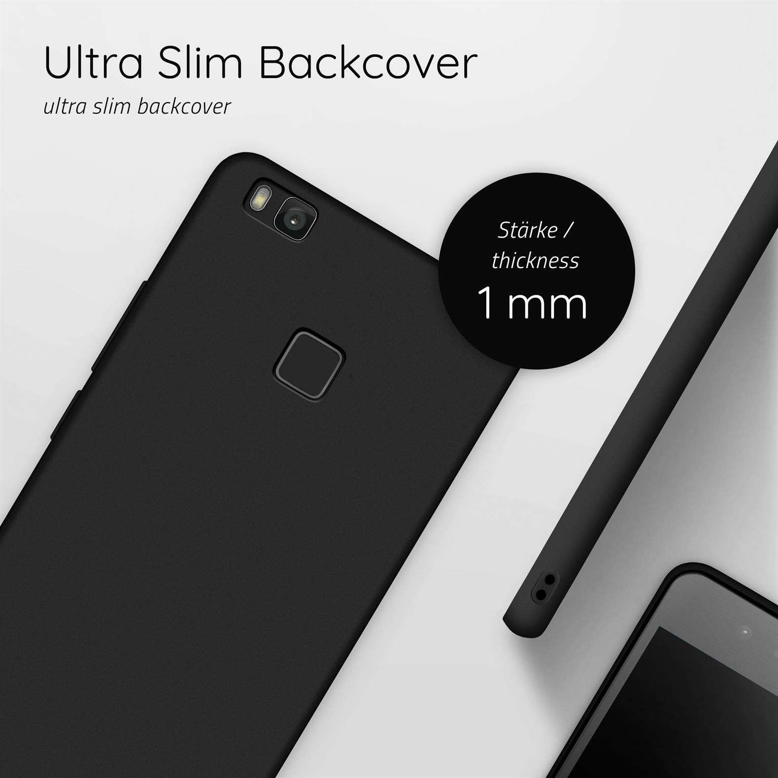 Schwarze Handy-Rückseite, mit Kamera sichtbar. Text: Ultra Slim Backcover. Dicke: 1 mm.