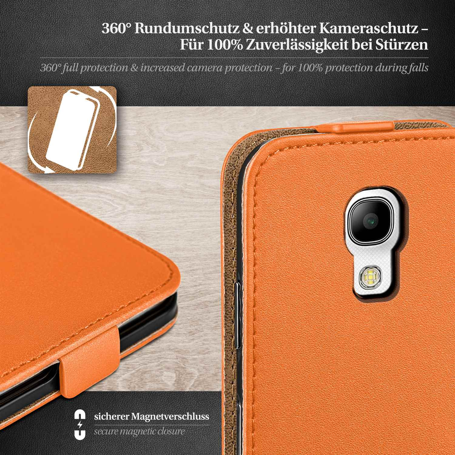 Eine orangefarbene Handyhülle mit einem Telefon. Text: 360° Schutz. Sicherer Magnetverschluss.