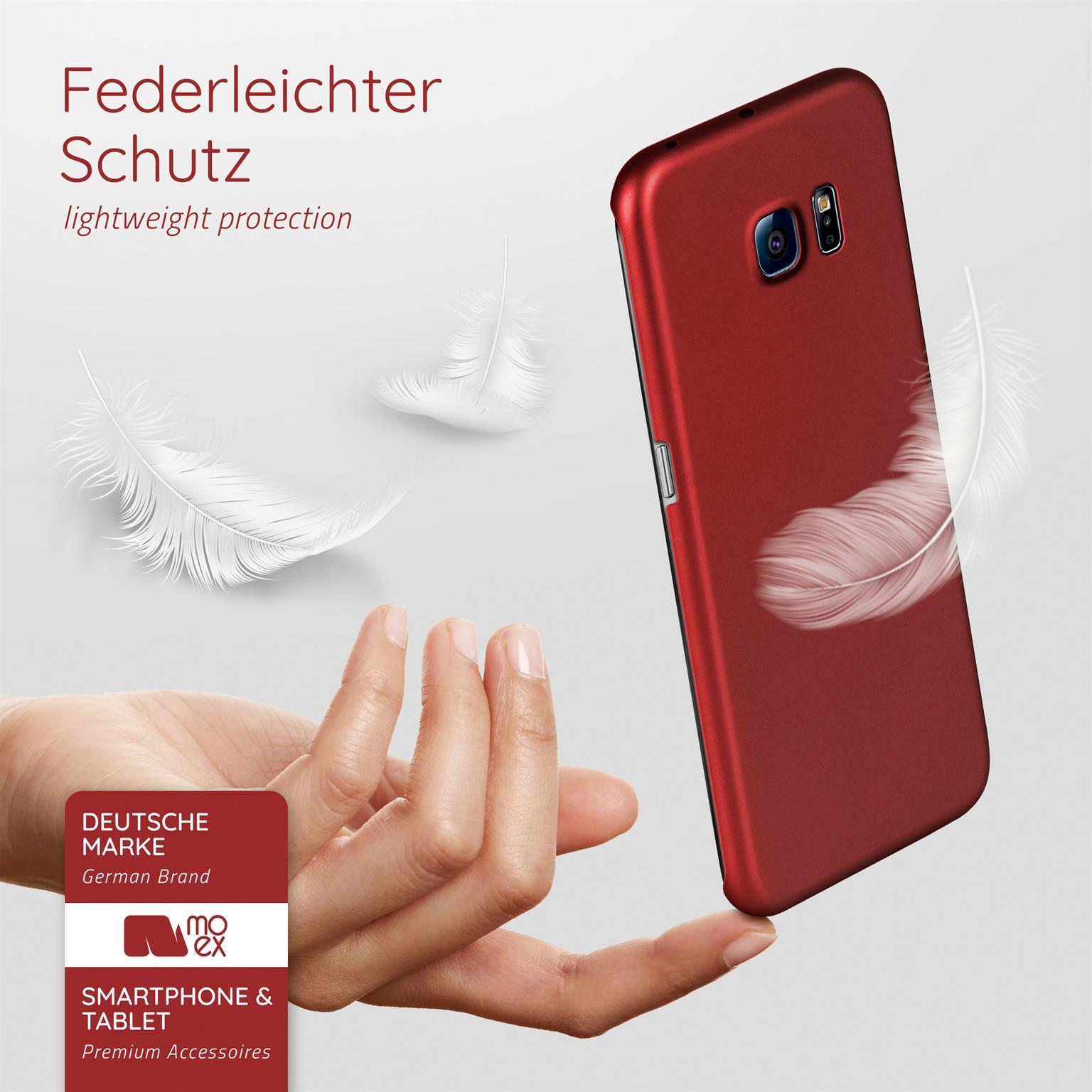 Eine rote Handyhülle, mit Federn und Text. Text lautet: leichter Schutz, deutsche Marke.