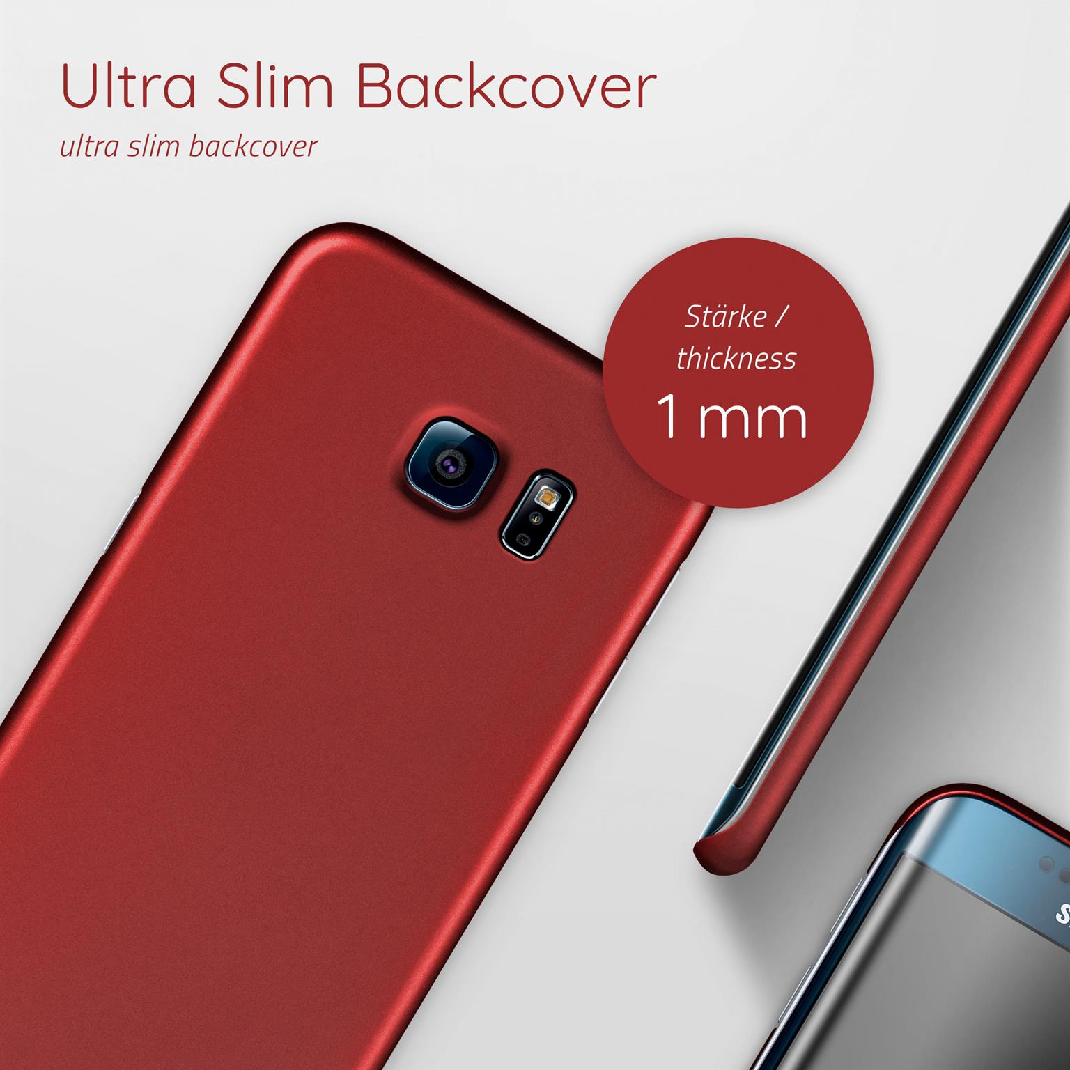 Eine rote Handy-Rückseite mit einem 1 mm dicken Etikett und einem Telefon im Hintergrund.