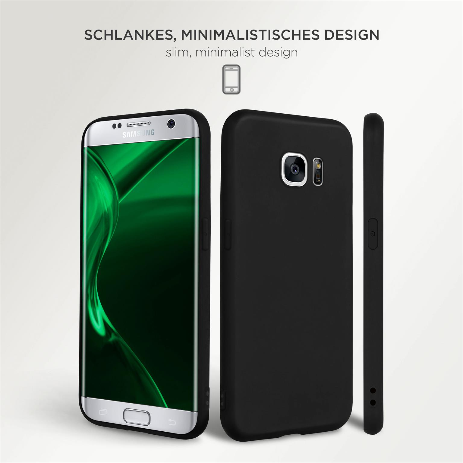 Schwarze Handyhülle mit weißem Hintergrund und weißem Text: schlankes, minimalistisches Design.