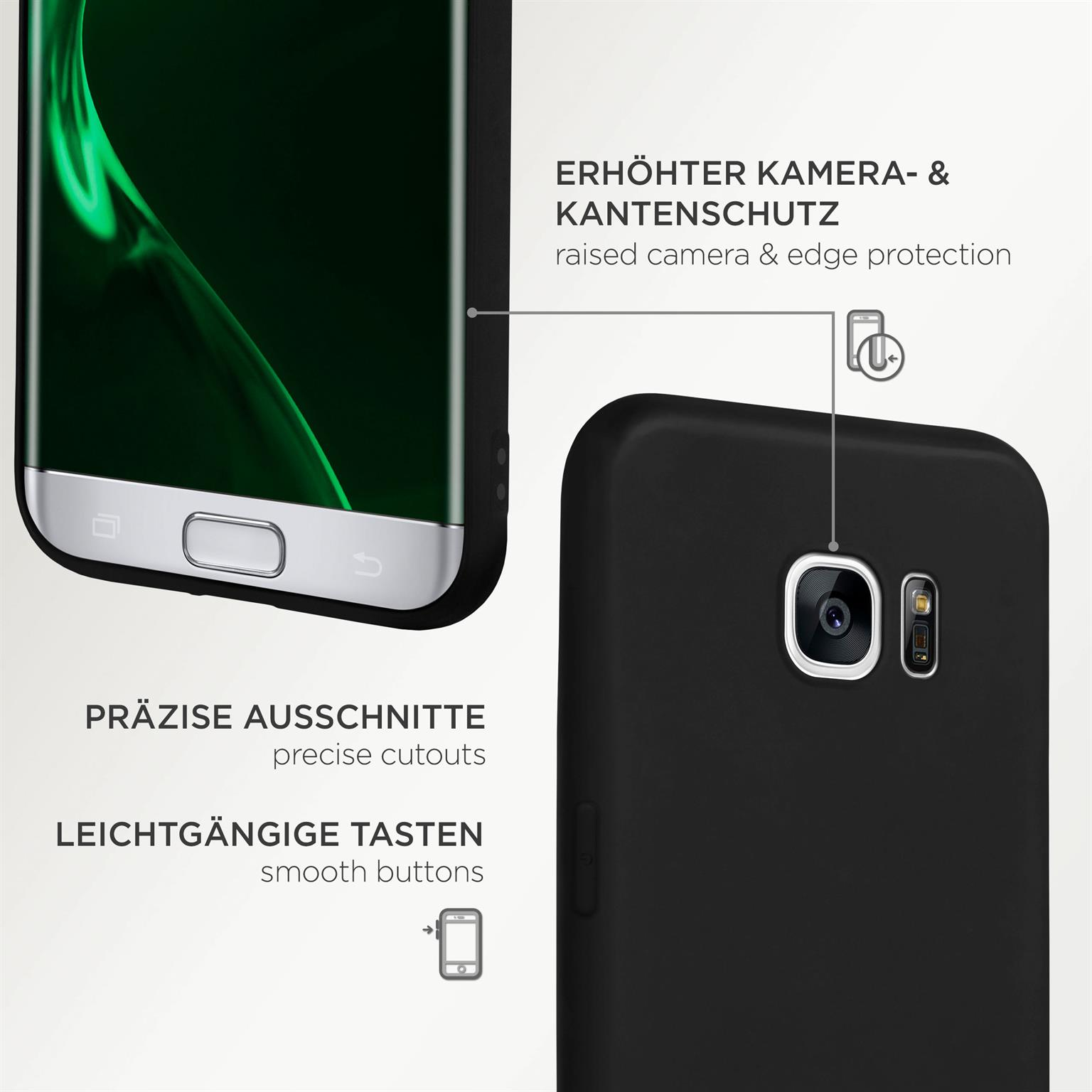 Handyhülle mit präzisen Aussparungen und Kantenschutz. Das Telefon ist schwarz mit grünem Bildschirm.