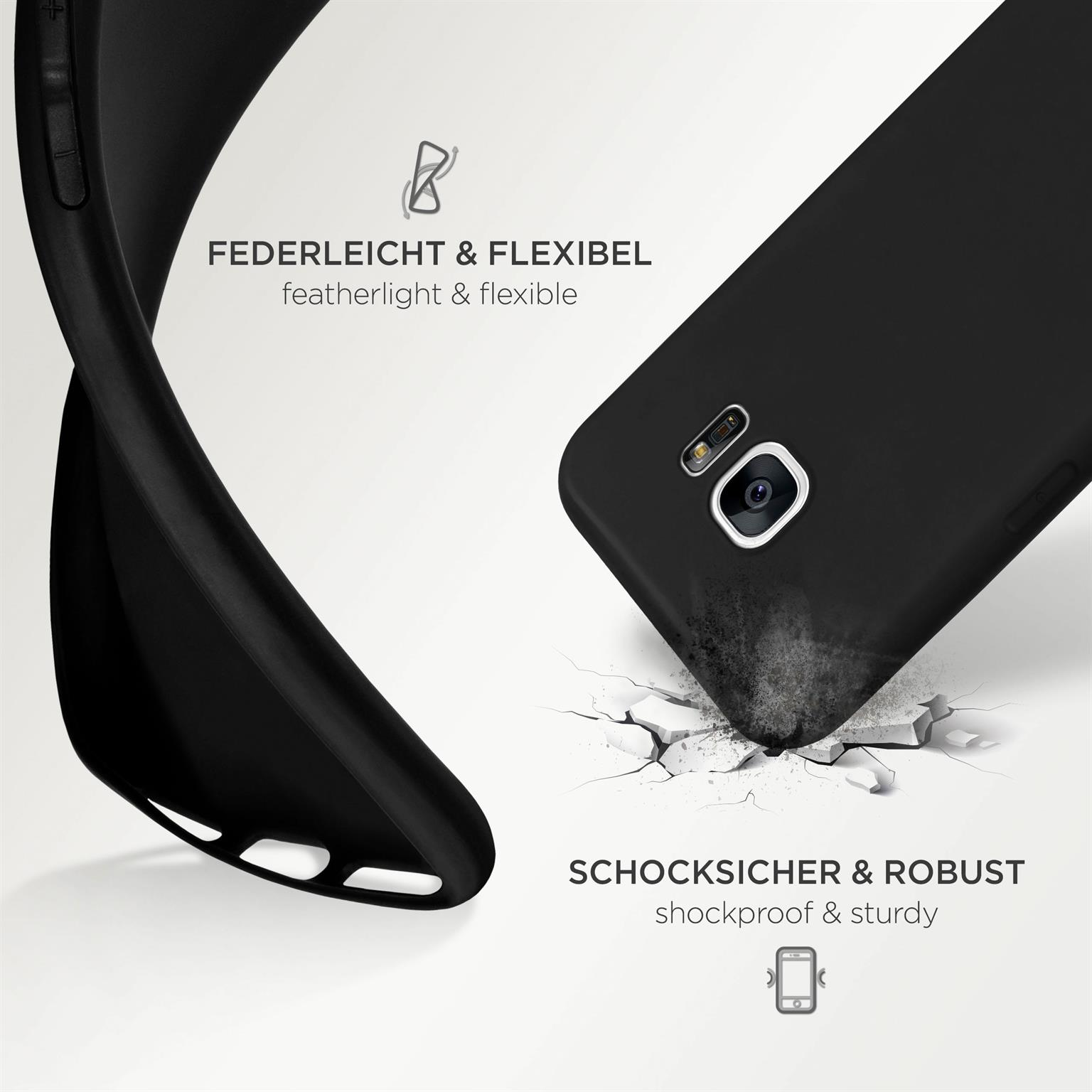 Schwarze Handyhülle biegt sich. Text: 'shockproof & sturdy' und 'featherlight & flexible'.