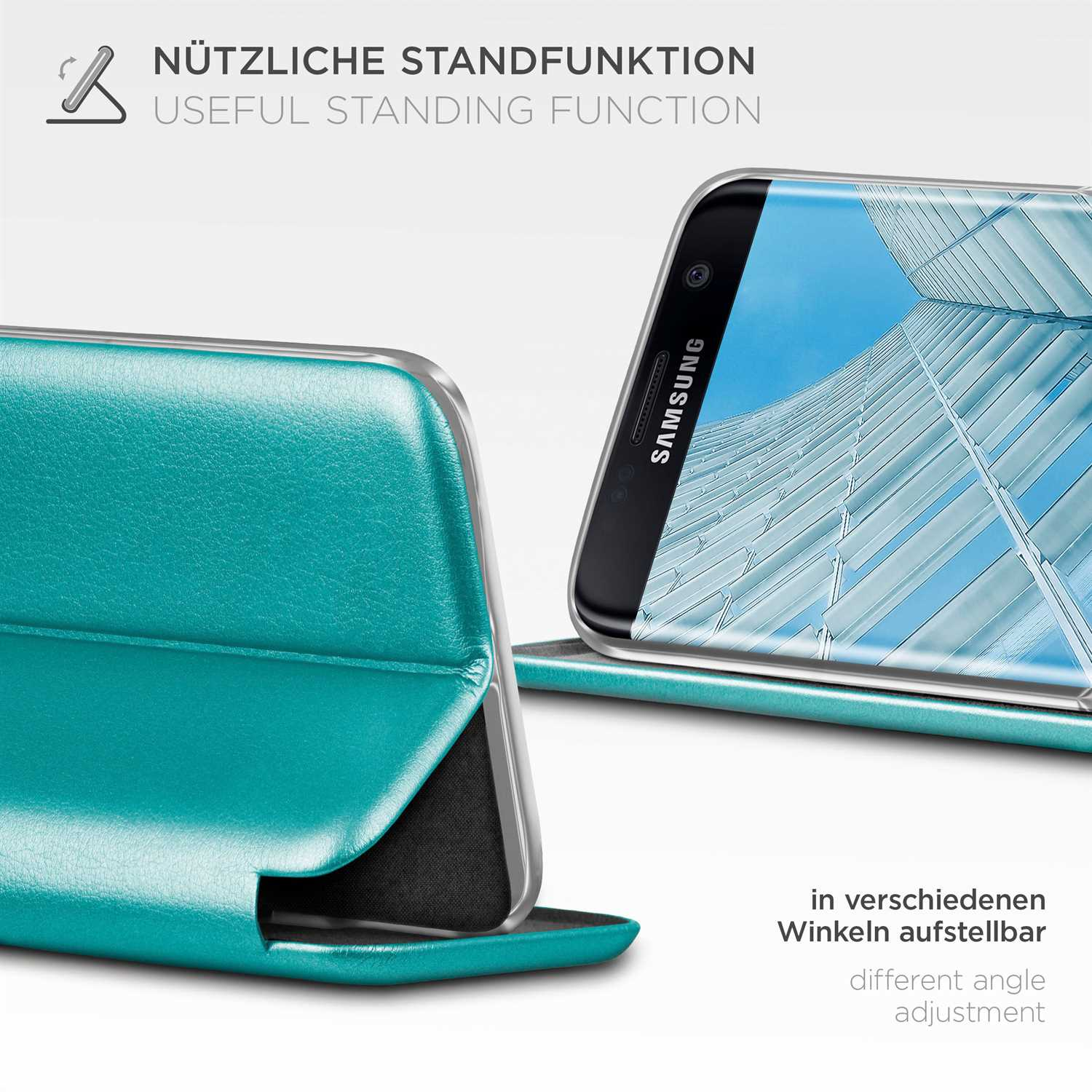 Türkisfarbene Handyhülle mit Telefon darin, in angewinkelter offener Position gezeigt.