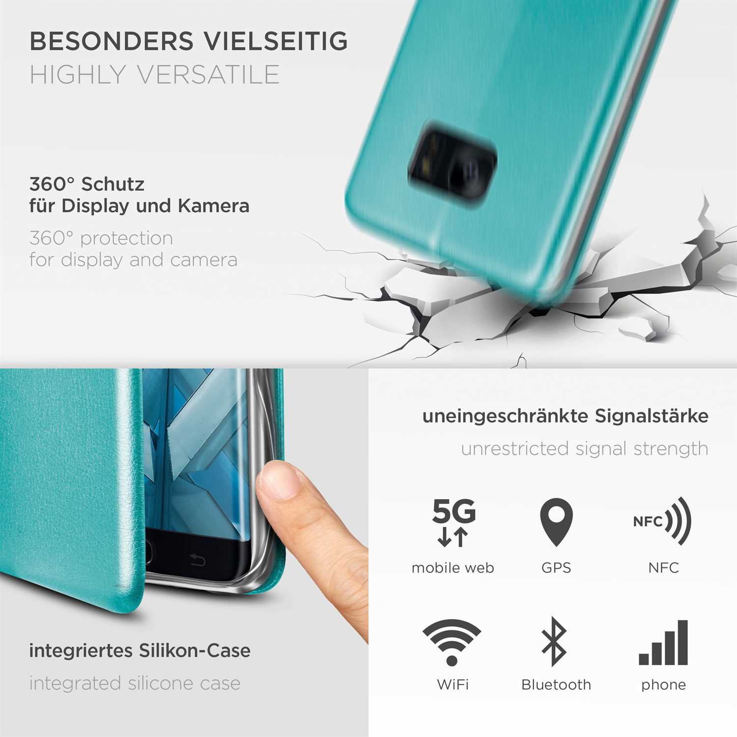 Türkisfarbene Handyhülle mit sichtbarem Telefonbildschirm. Ein heller Hintergrund mit Rissen.