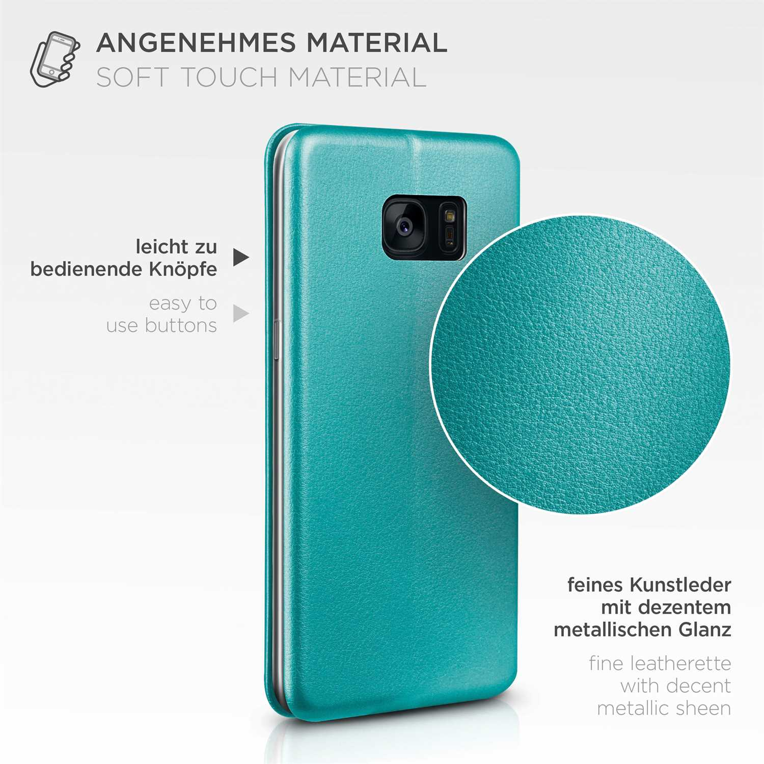 Türkisfarbene Handyhülle mit Soft-Touch-Material. Sie hat leicht zu bedienende Tasten und eine feine Kunstlederstruktur.