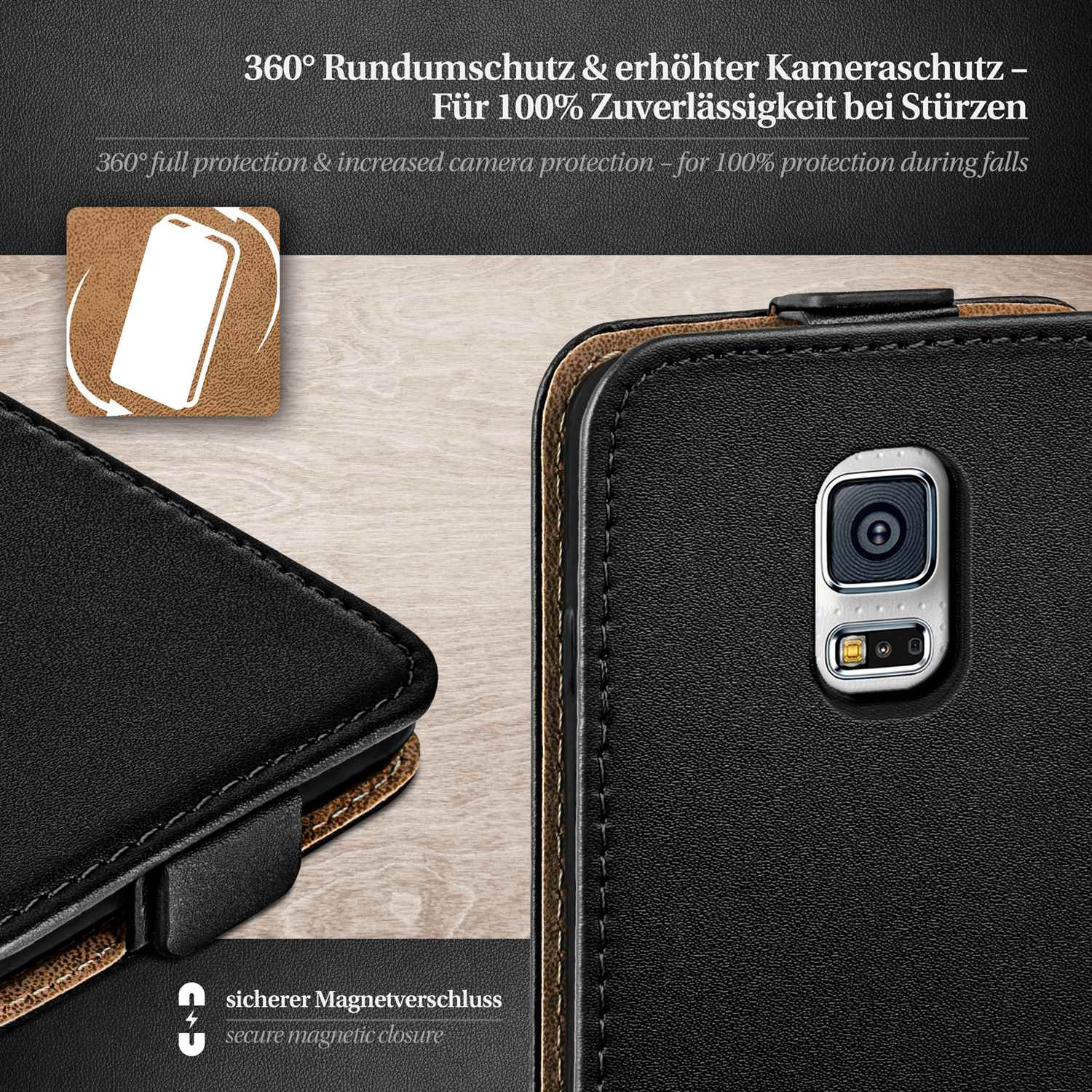 Schwarze Leder-Handyhülle, teilweise geöffnet, mit Telefon darin. Dunkler Hintergrund. Kameradetail.