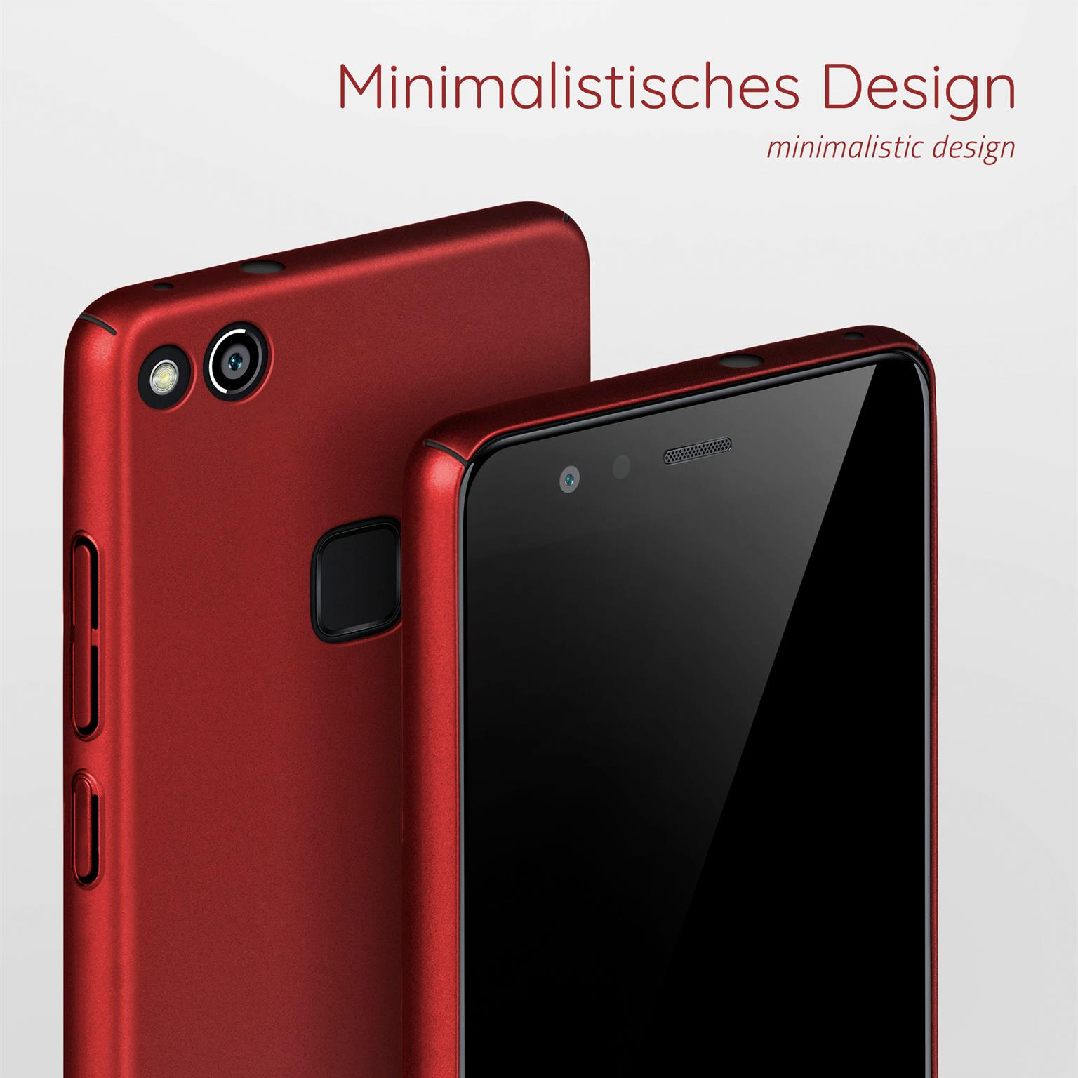 Rotes Telefon und Hülle. Text: Minimalistisches Design.