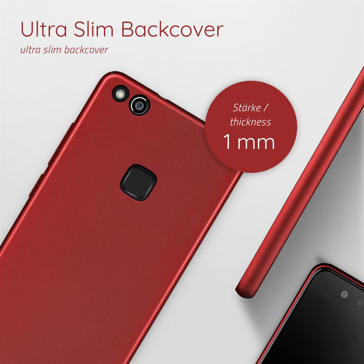 Rote Handyhülle mit Text: 'Ultra Slim Backcover', Dicke 1 mm und ein schwarzes Telefon.