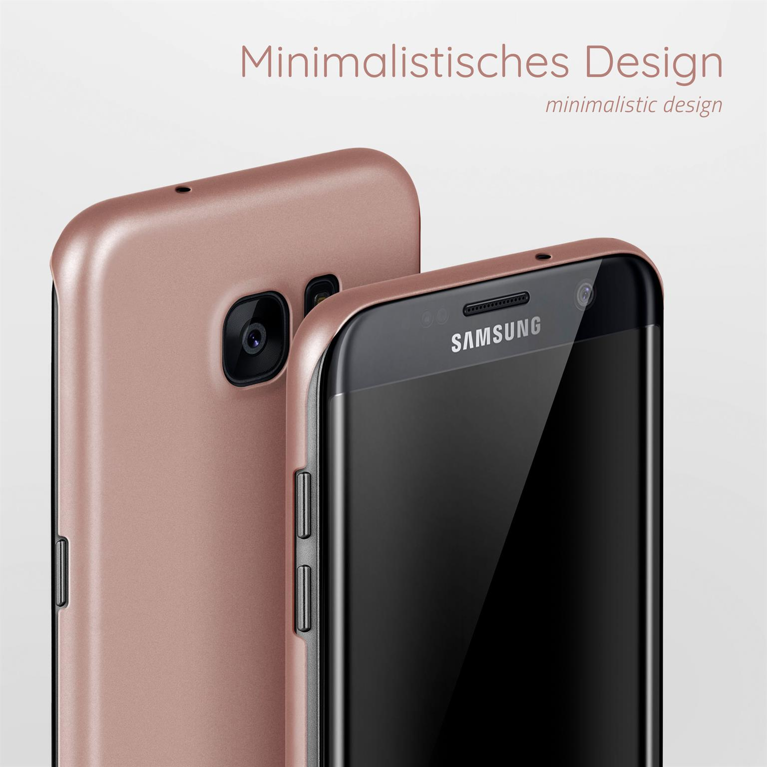 Zwei roségoldene Telefone, eines im Fokus, das andere unscharf, auf weißem Hintergrund, minimalistisches Design.