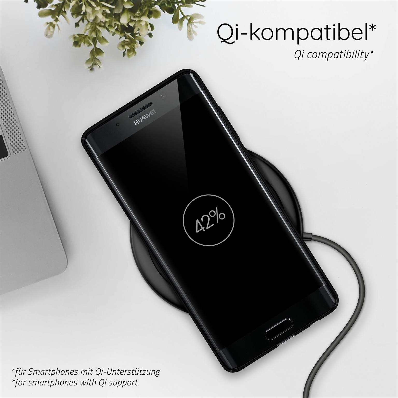 Ein schwarzes Telefon auf einem kabellosen Ladegerät zeigt 42% Aufladung an. Text-Overlay: Qi-Kompatibilität.