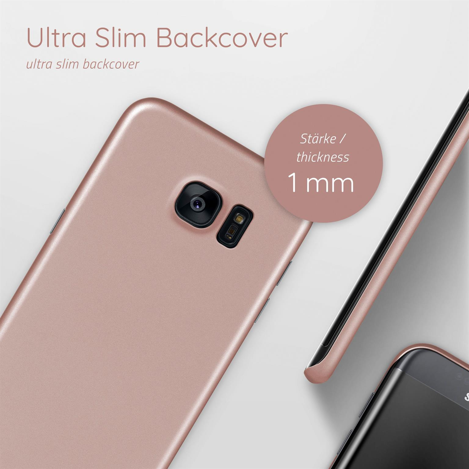 Roségoldene Handyhülle mit Telefon. Die Hülle ist ultradünn, mit 1 mm Dicke.
