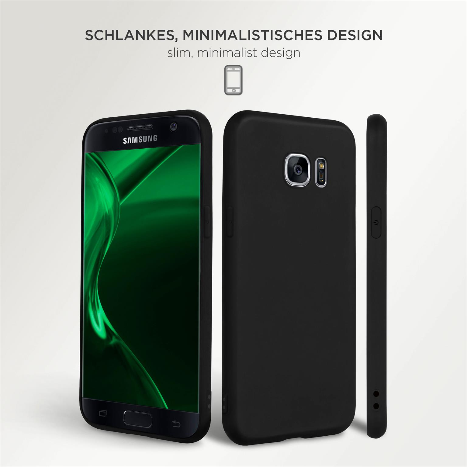 Schwarze Handyhülle mit einem Telefon. Text: schlankes, minimalistisches Design. Weißer Hintergrund.