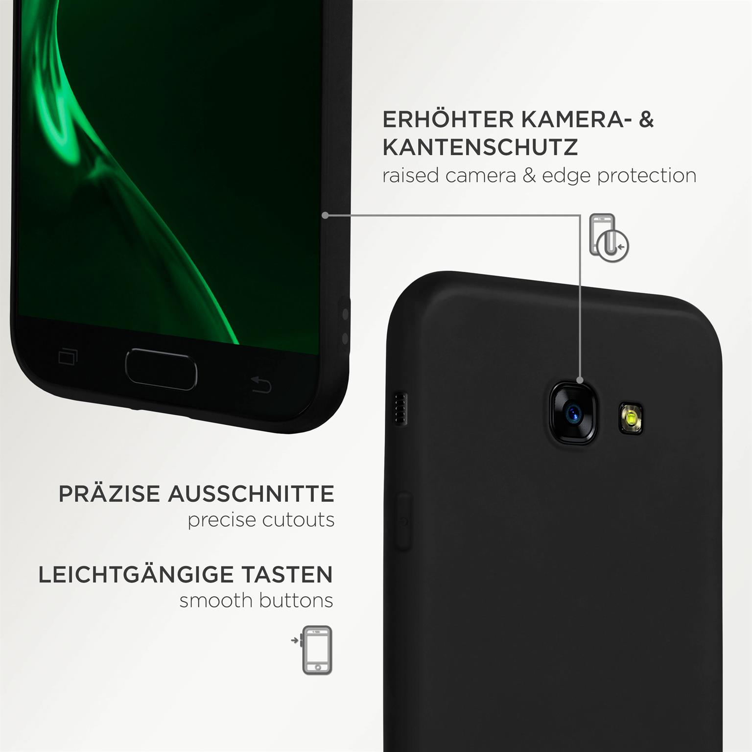 Schwarze Handyhülle mit präzisen Aussparungen und erhöhtem Kantenschutz, weißer Hintergrund.