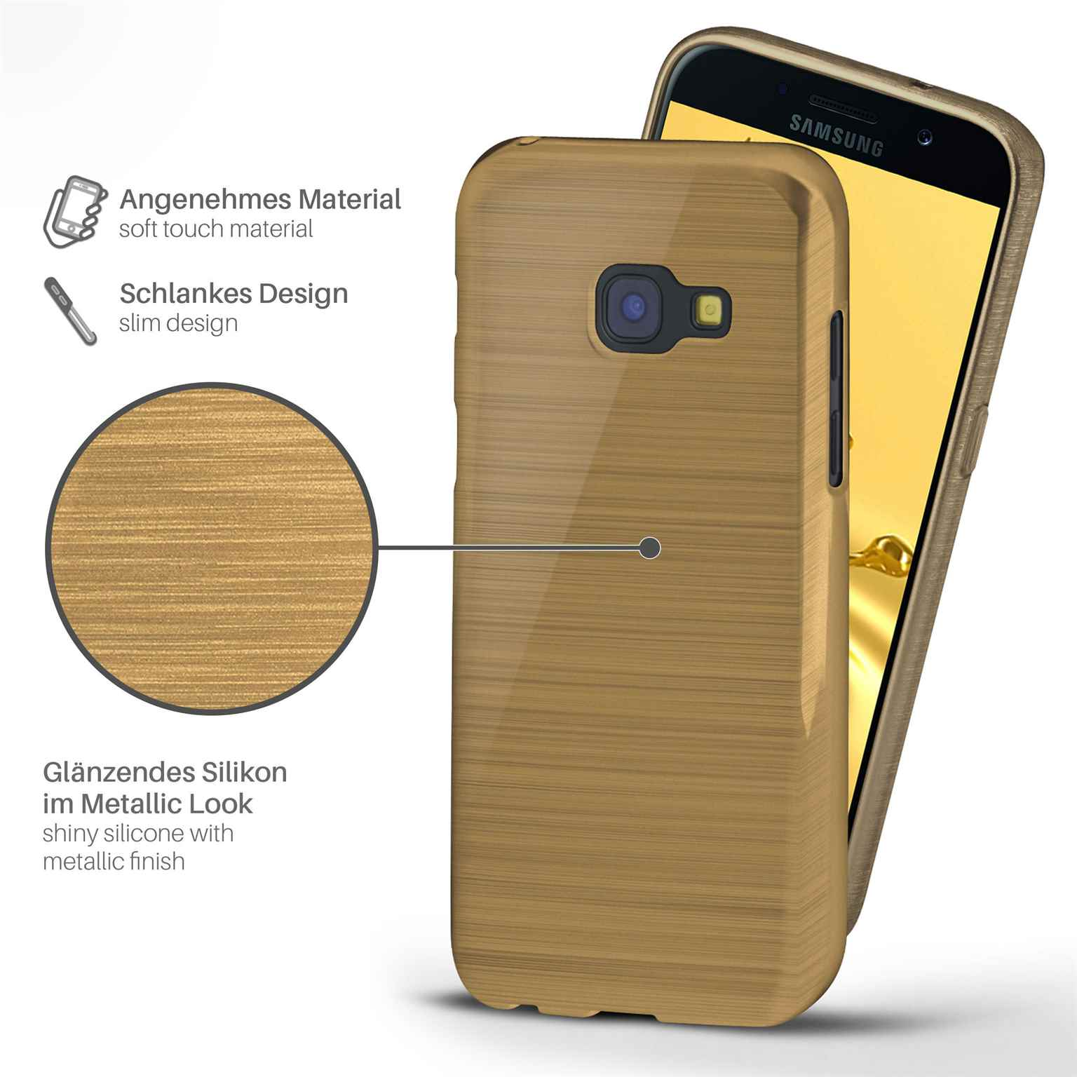 Eine goldene Handyhülle befindet sich neben einem Telefon. Nahaufnahme der Hülle. Auf der linken Seite werden Funktionen beschrieben.