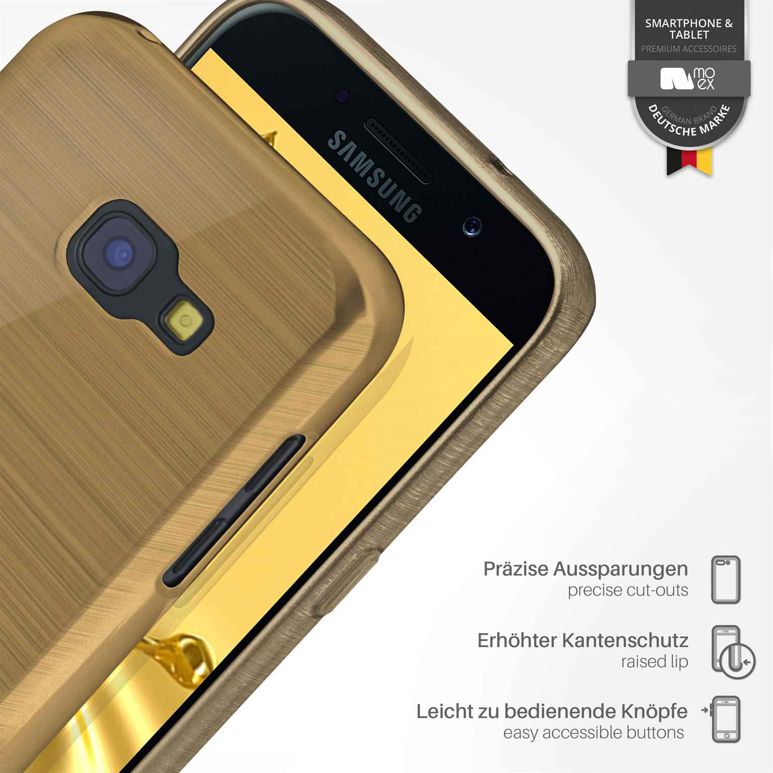 Eine goldene Handyhülle bedeckt ein Samsung-Handy. Text hebt präzise Aussparungen, erhöhte Kante und zugängliche Knöpfe hervor.