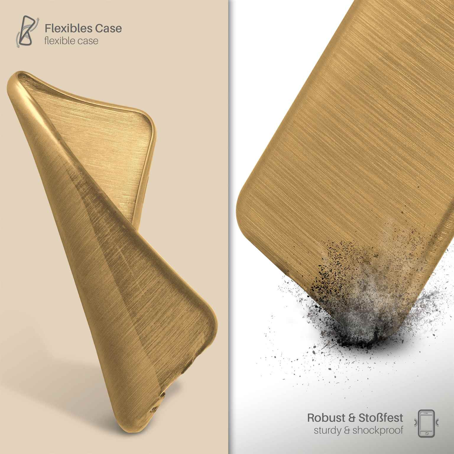 Goldene Handyhülle mit Bürstentextur, Staubeffekt, Text, flexible Hülle, robust & stoßfest.