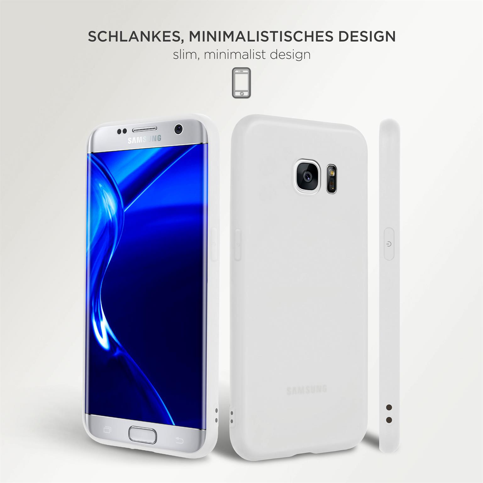 Weißes Handycase und Handy auf weißem Hintergrund. Text: schlankes, minimalistisches Design.
