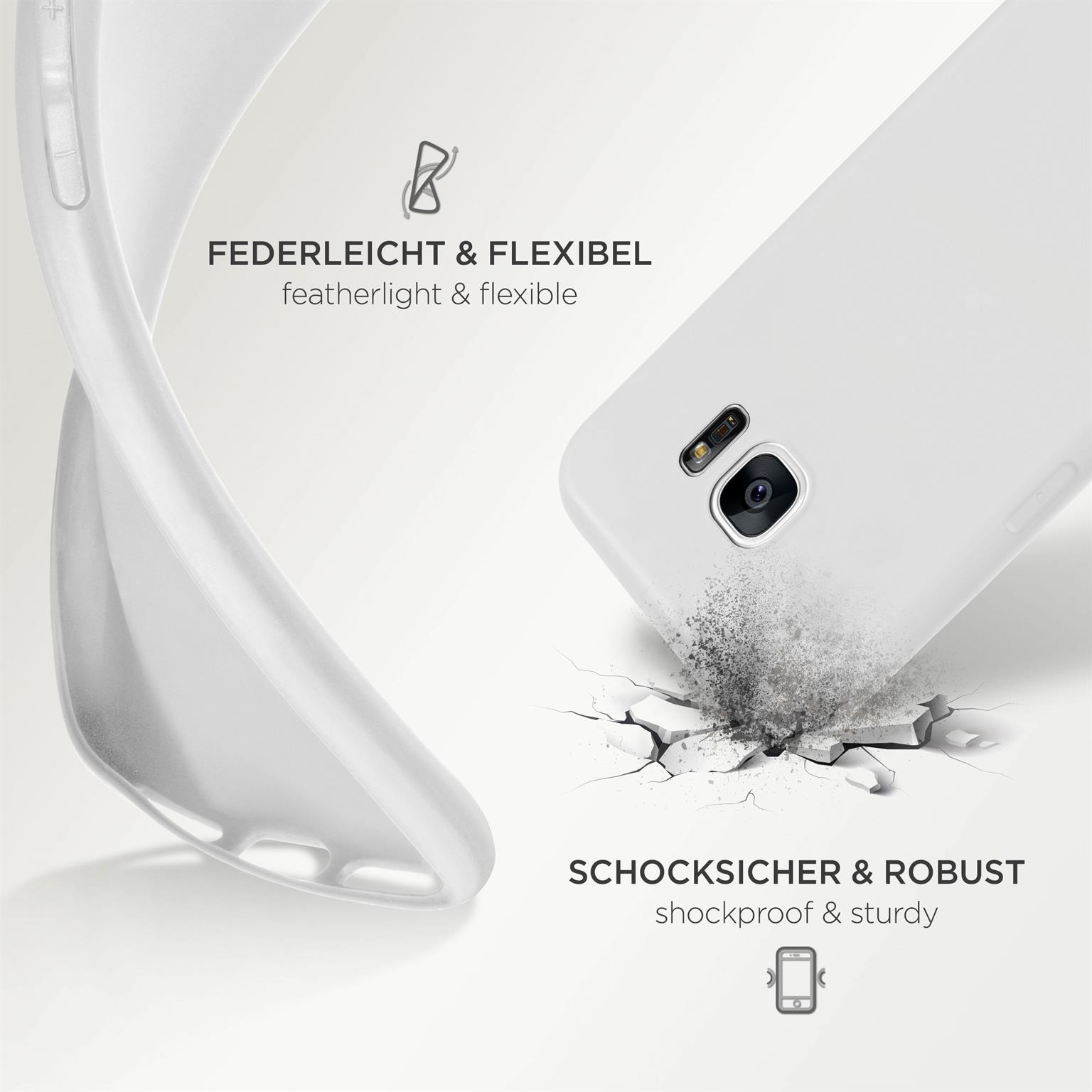 Weiße Handyhülle mit Text: federleicht & flexibel, stoßfest & robust. Weißer Hintergrund.