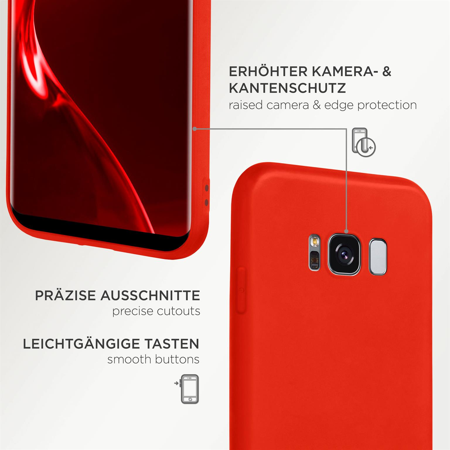 Rote Handyhülle auf weißem Hintergrund. Zeigt Telefon und Aussparungen.