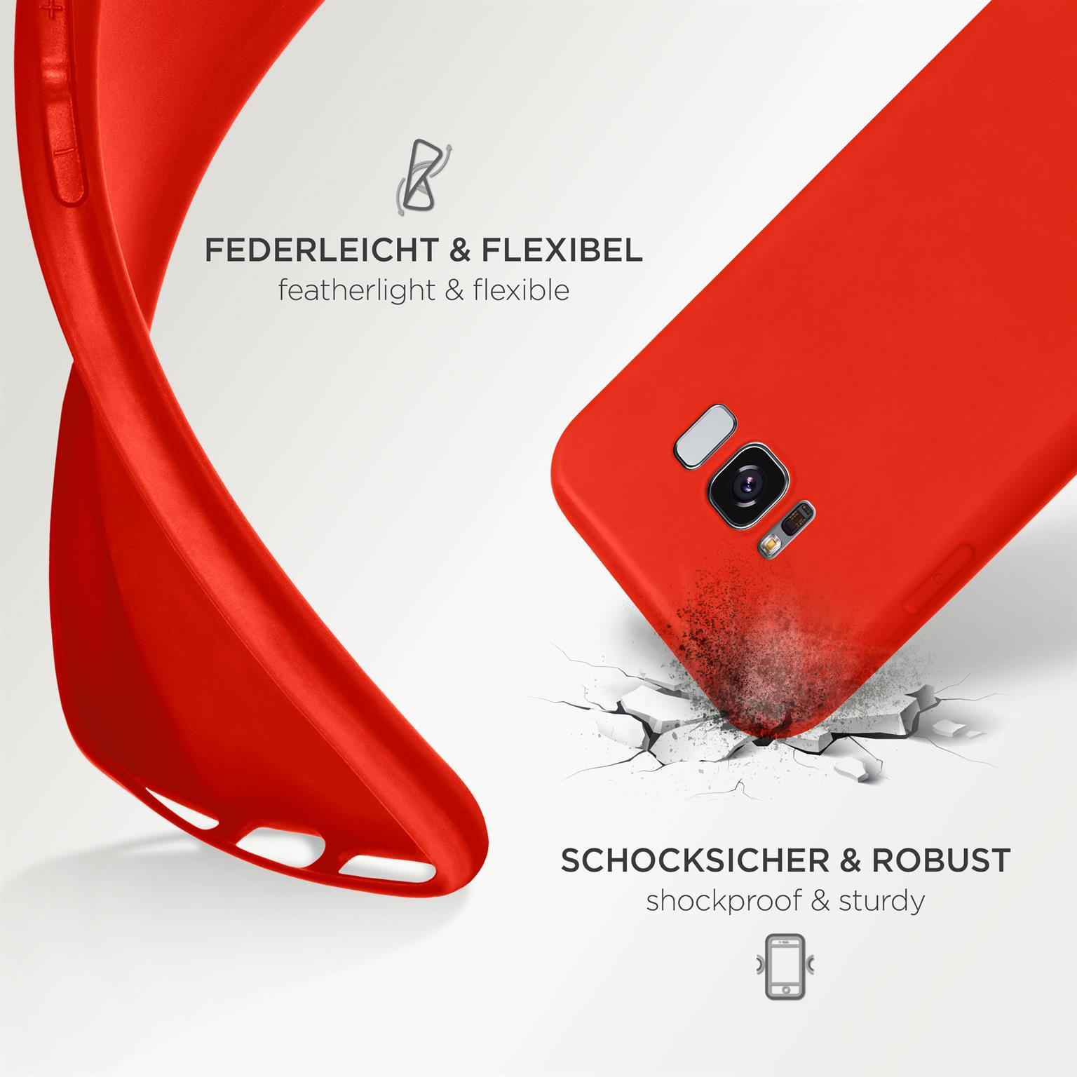 Rote Handyhülle, die flexibel erscheint. Ein weißer Hintergrund mit etwas Schutt.