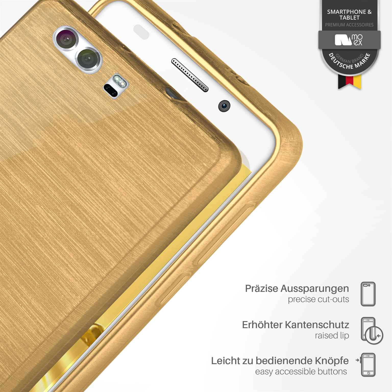 Goldene Handyhülle. Zeigt den Rand des Telefons, die Kamera und Aussparungen. Mit Text und Symbolen.