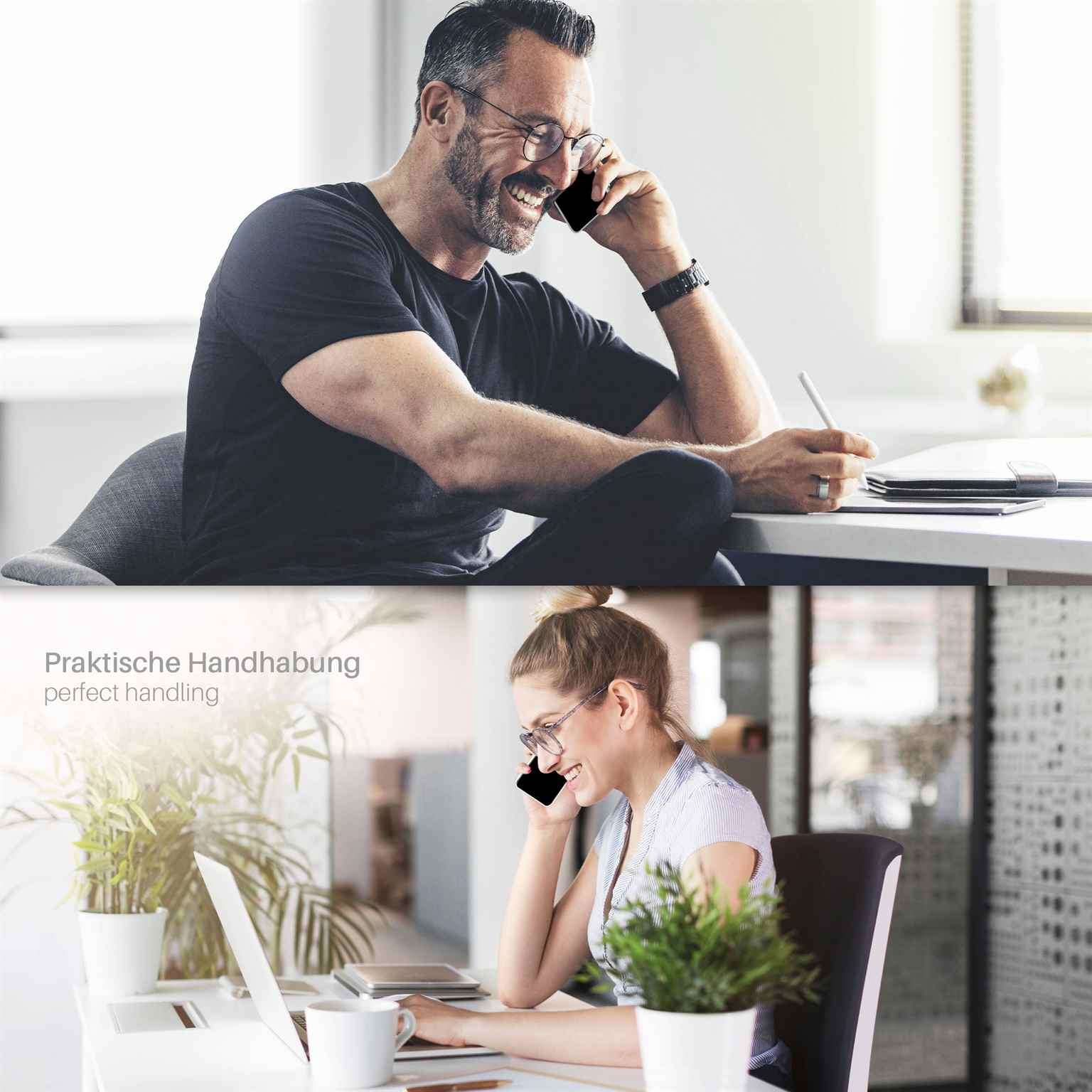 Zwei Personen telefonieren. Einer ist ein Mann mit Brille, die andere ist eine Frau an einem Schreibtisch.