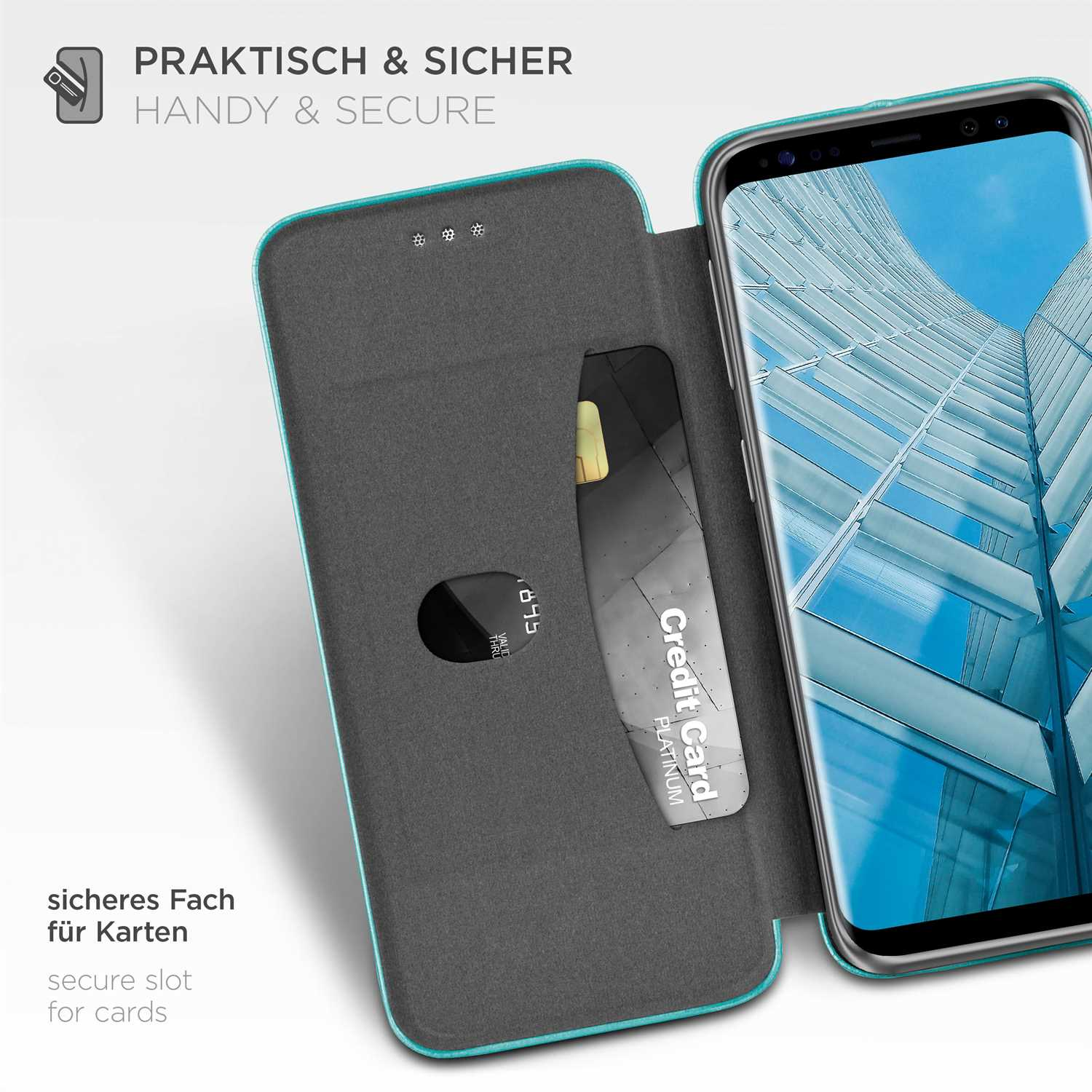 Offene Handyhülle mit Kreditkartenfach. Türkisfarbene Umrandung. Telefon mit blauem Bildschirm sichtbar.