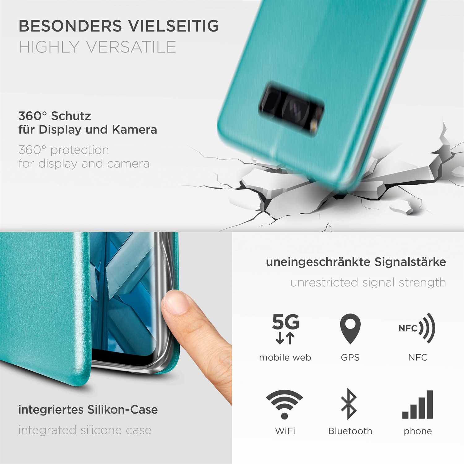 Telefon im türkisfarbenen Case mit Grafiken. Text: 360° Schutz, integrierte Silikonhülle. Icons.