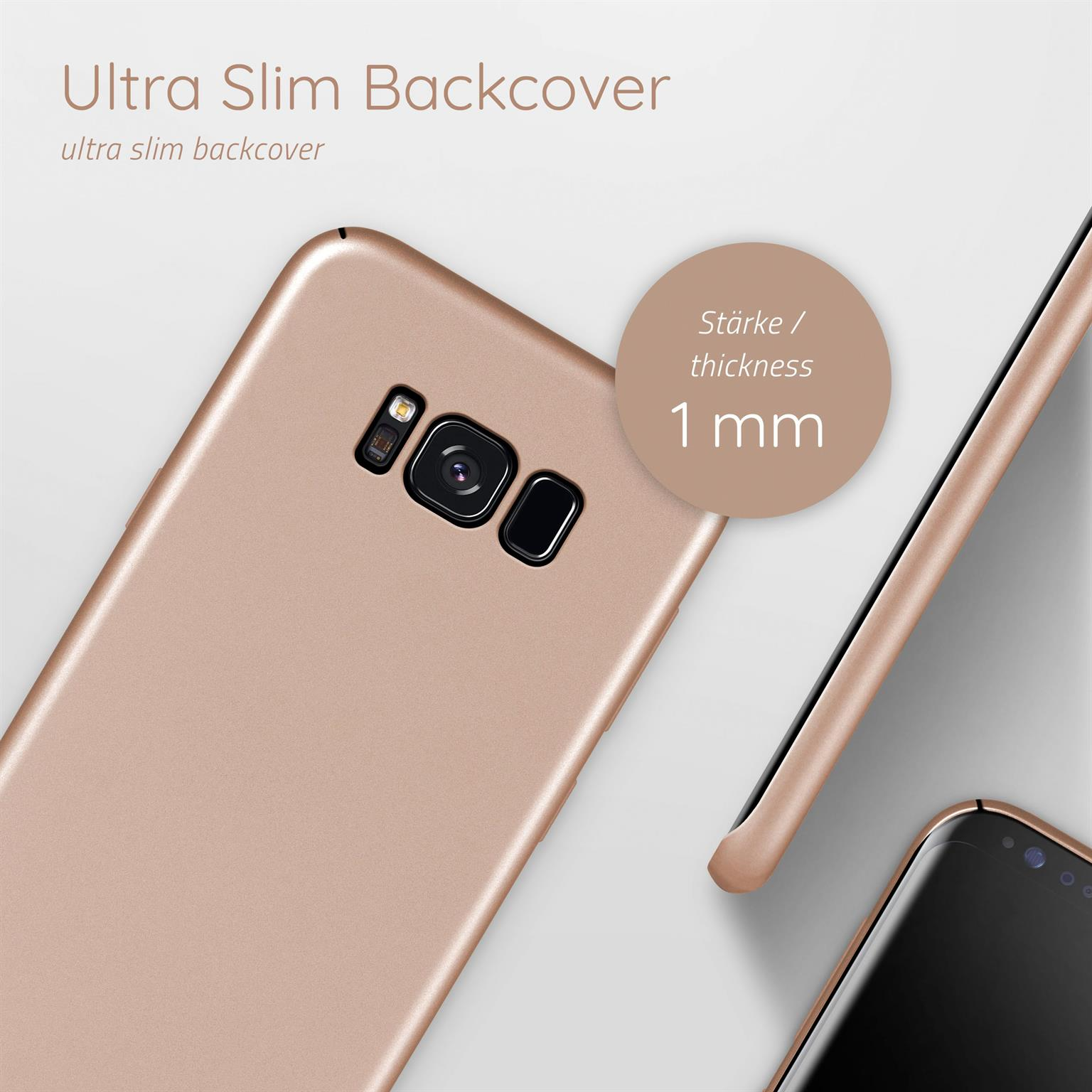 Rückseite des roségoldenen Telefons. Ein Kreis zeigt die Dicke von 1 mm. Das Telefon ist im Hintergrund.