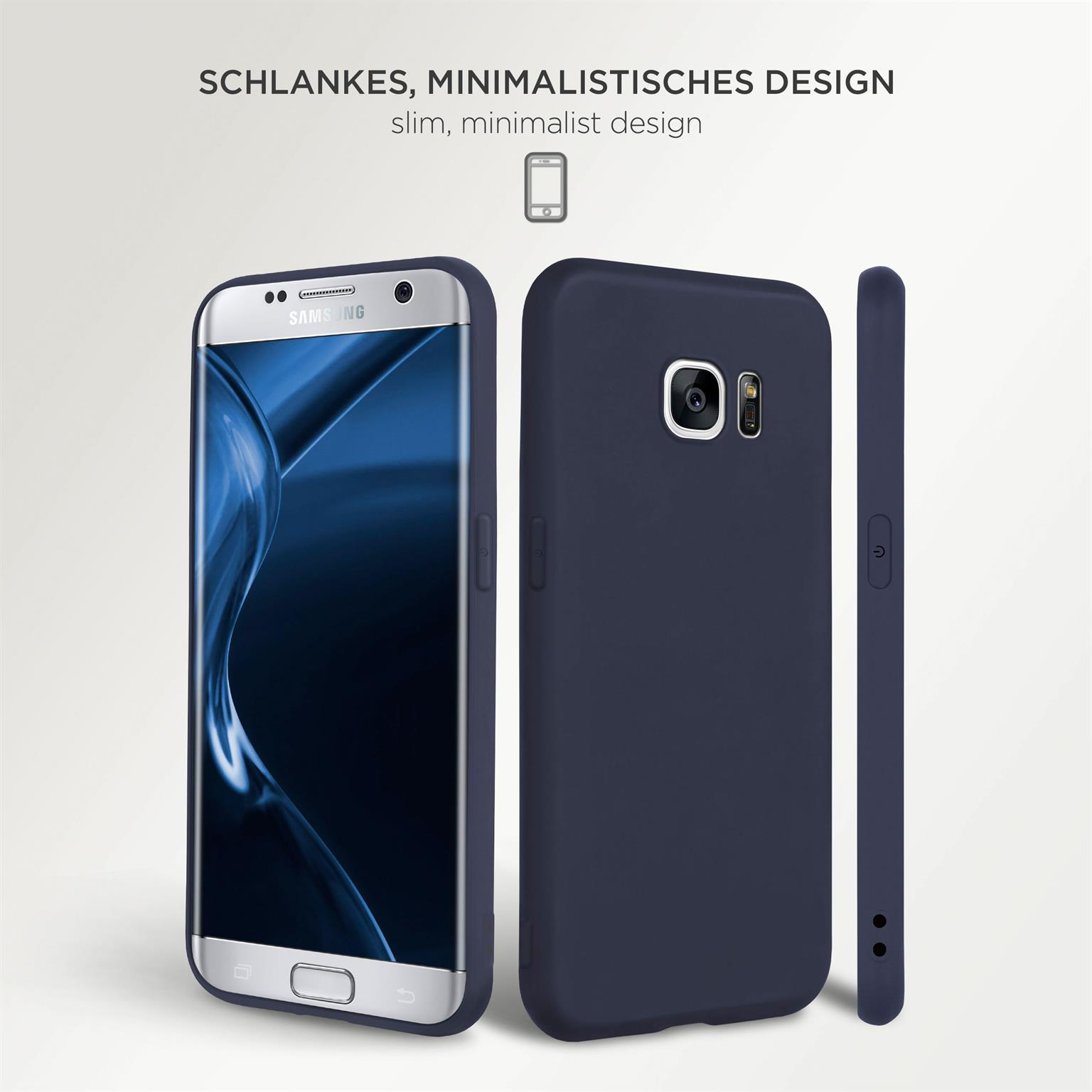 Smartphone in schlanker, marineblauer Hülle, mit Seitenansicht, weißer Hintergrund.