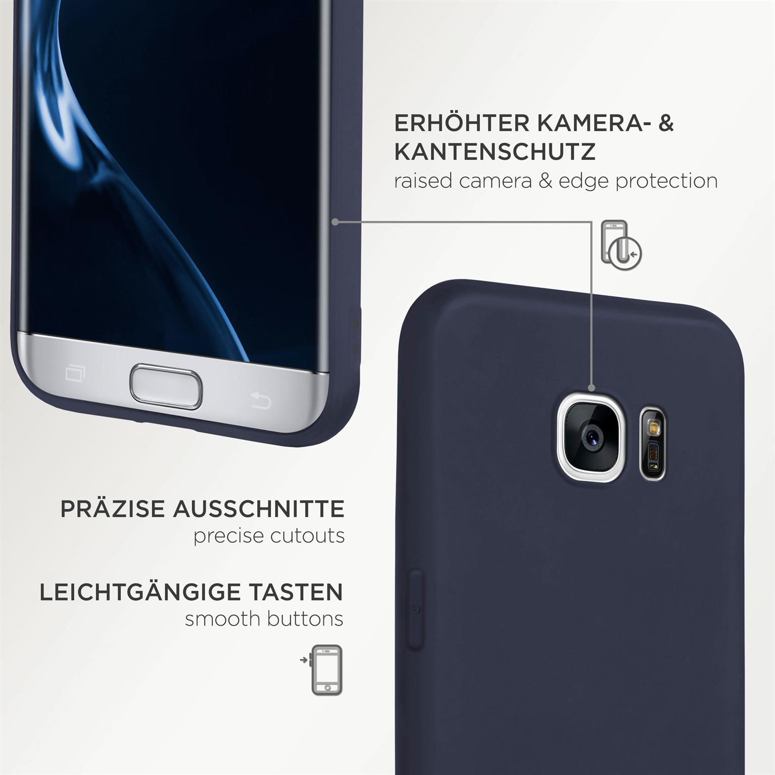 Blaues Telefon in Hülle mit Kamera und Knöpfen. Text: Präzise Aussparungen, leichtgängige Tasten.
