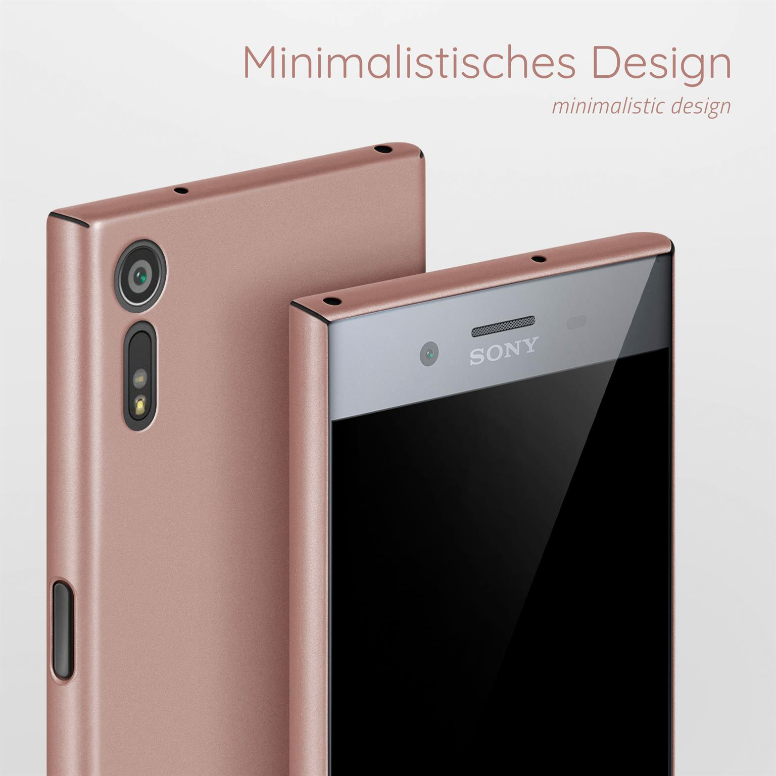 Zwei rosafarbene Telefone, eines zeigt Kamera und Tasten. Text: Minimalistisches Design.