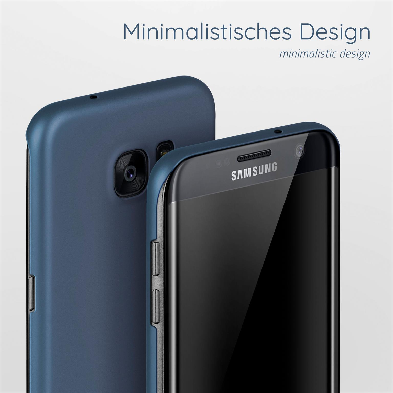 Zwei blaue Handyhüllen mit Handys. Eines mit eingeschaltetem Bildschirm. Weißer Hintergrund.