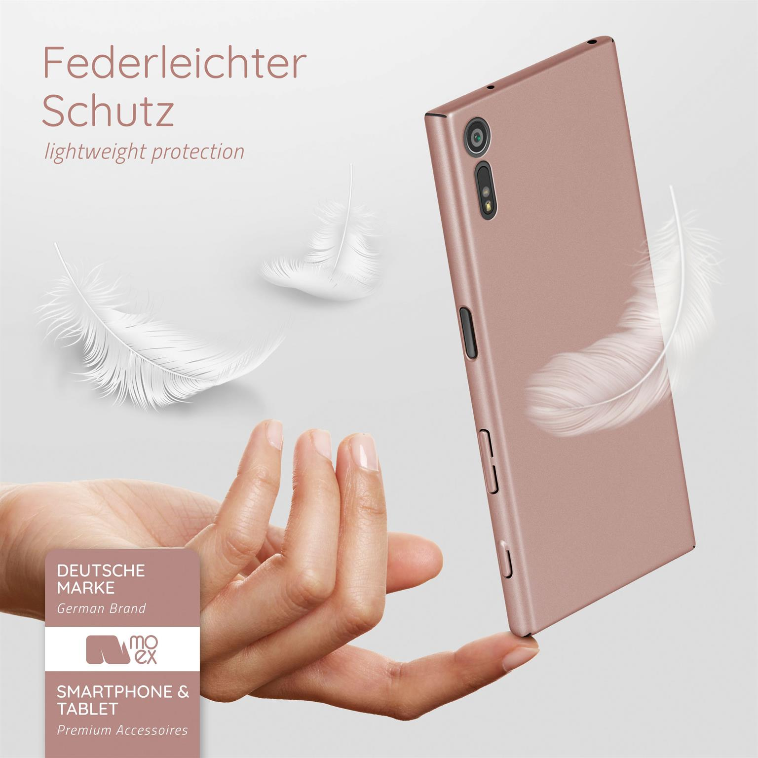 Eine roségoldene Handyhülle mit weißen Federn, einer Hand und Text über leichten Schutz.