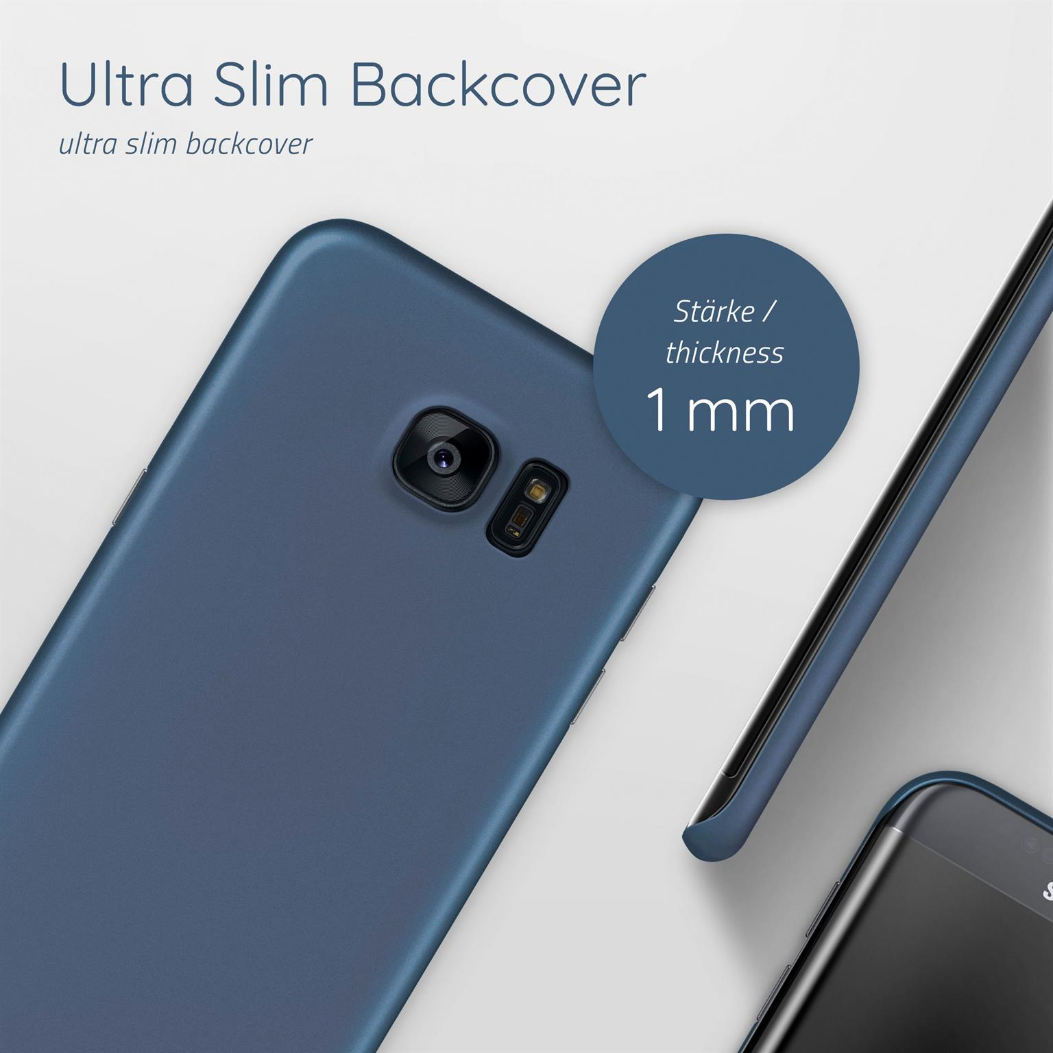 Blaue Handyhülle mit Text: Ultra Slim Backcover, Dicke 1 mm. Weißer Hintergrund.