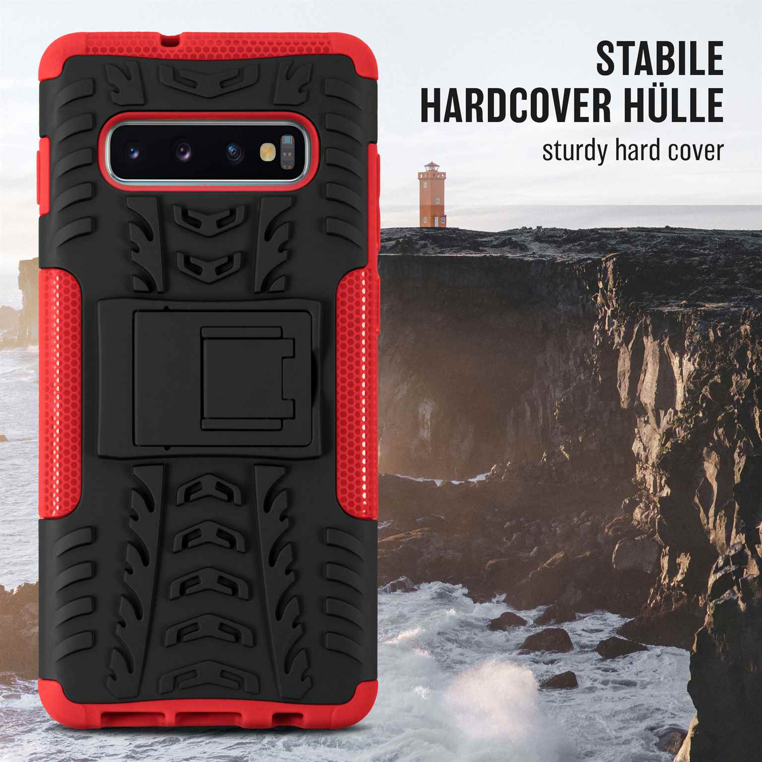 Schwarz-rote Handyhülle mit Gitterdesign und Ständer, vor einer Felslandschaft mit Leuchtturm.