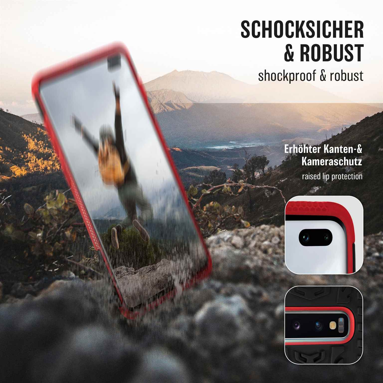 Telefon fällt mit roter Hülle ins Wasser, Text, stoßfest & robust, erhöhter Lippenschutz.