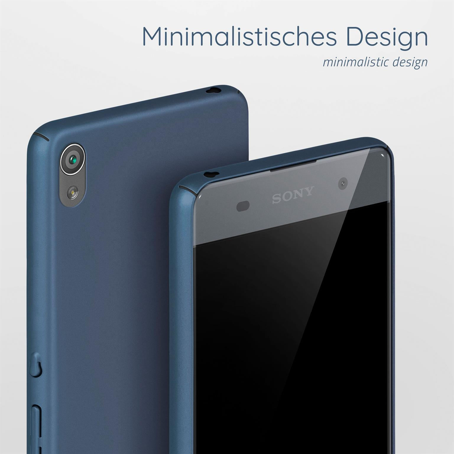 Zwei blaue Telefone. Eines zeigt eine Telefonkamera. Hintergrund: Weiße Oberfläche.