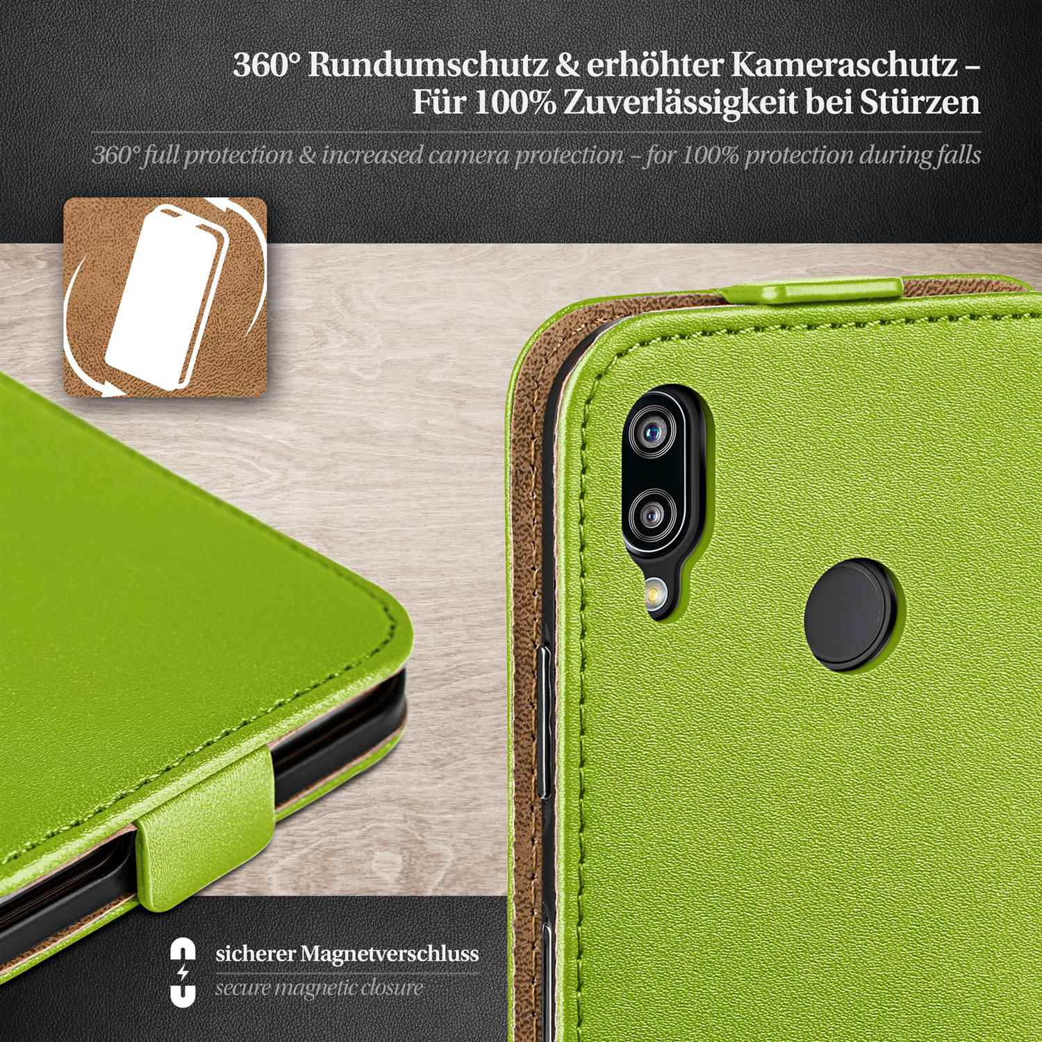 Grüne Handyhülle mit Telefon, zeigt Schutzfunktionen.