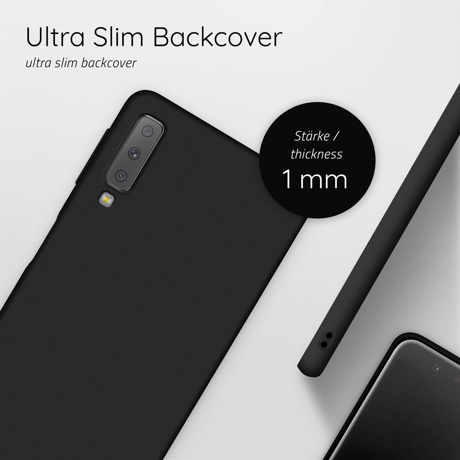 Schwarze Handyhülle. Text: Ultra-Slim Backcover, 1 mm Dicke.