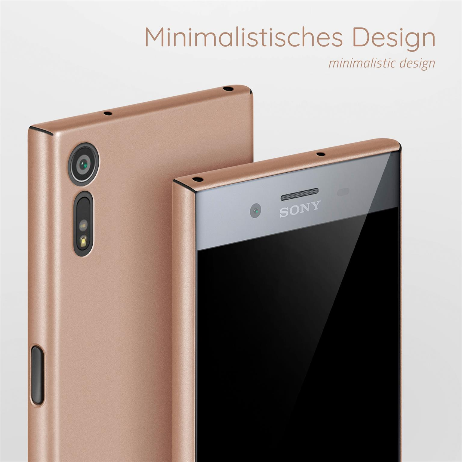 Zwei roségoldene Telefone nebeneinander. Eines hat eine Kamera, das andere zeigt die Seitenansicht.