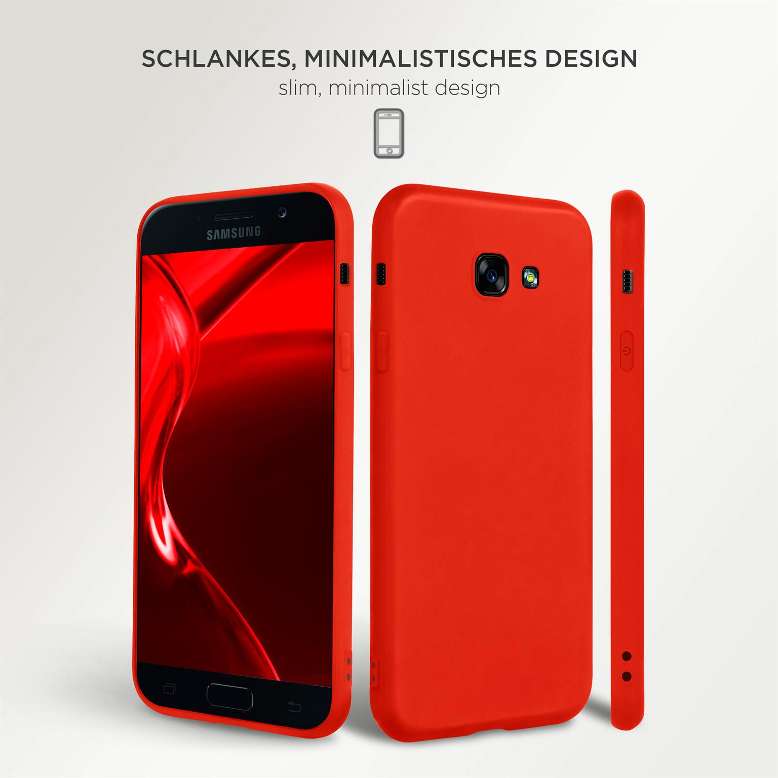 Drei rote Handyhüllen, eine mit Telefon, auf weißem Hintergrund. Text auf Deutsch.