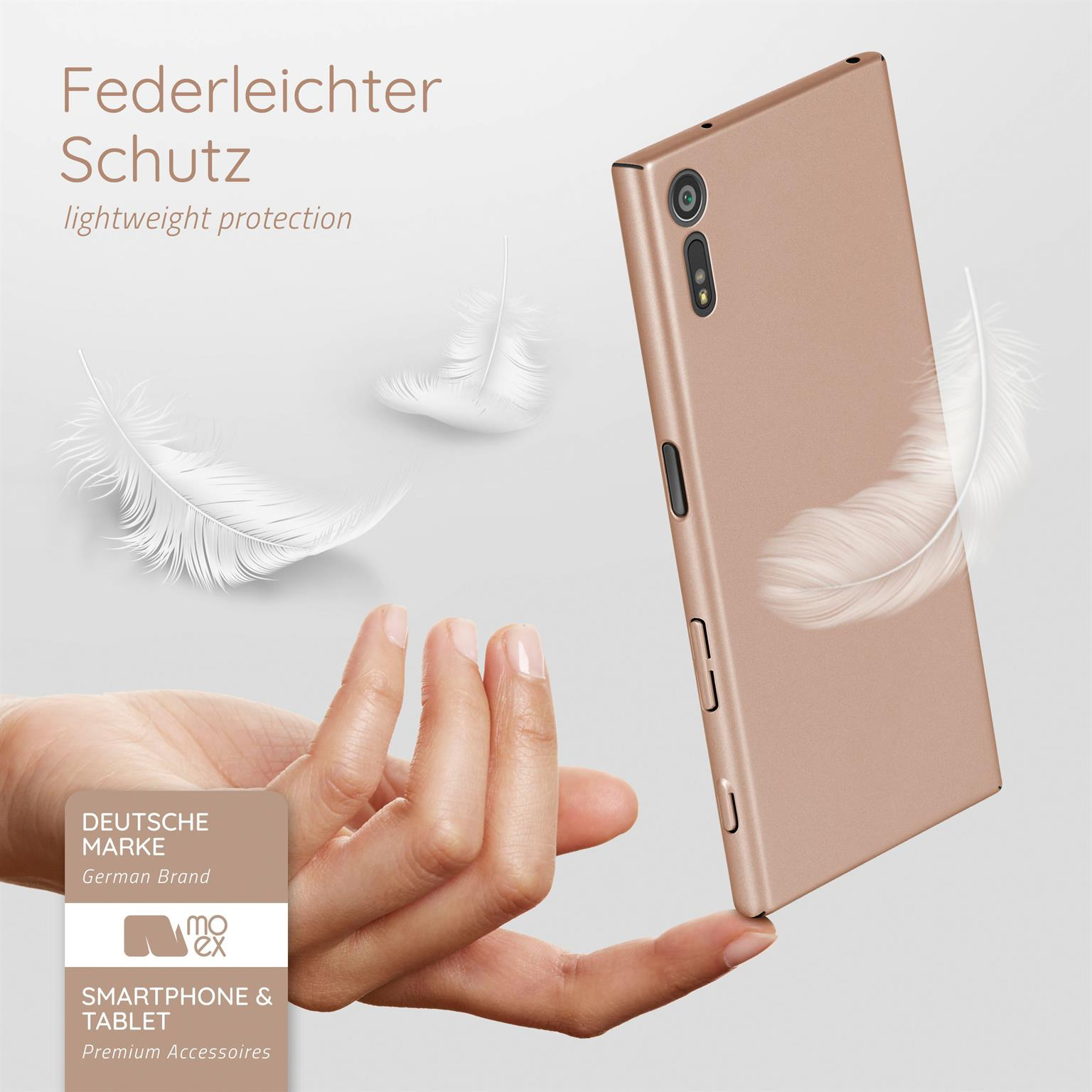 Hand hält Telefon. Weiße Federn schweben neben der Hülle.