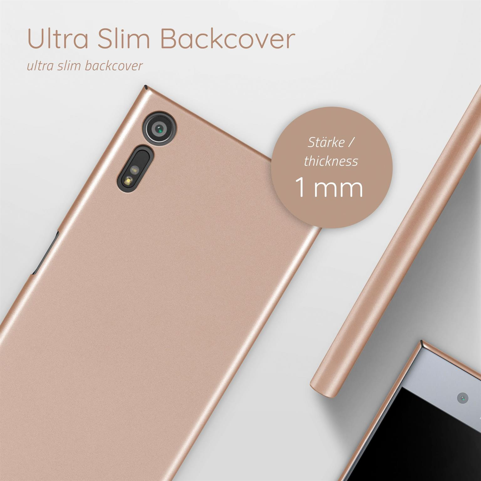 Eine roségoldene Handyhülle, mit Telefon und Seitenansicht des Telefons, Dicke 1 mm.