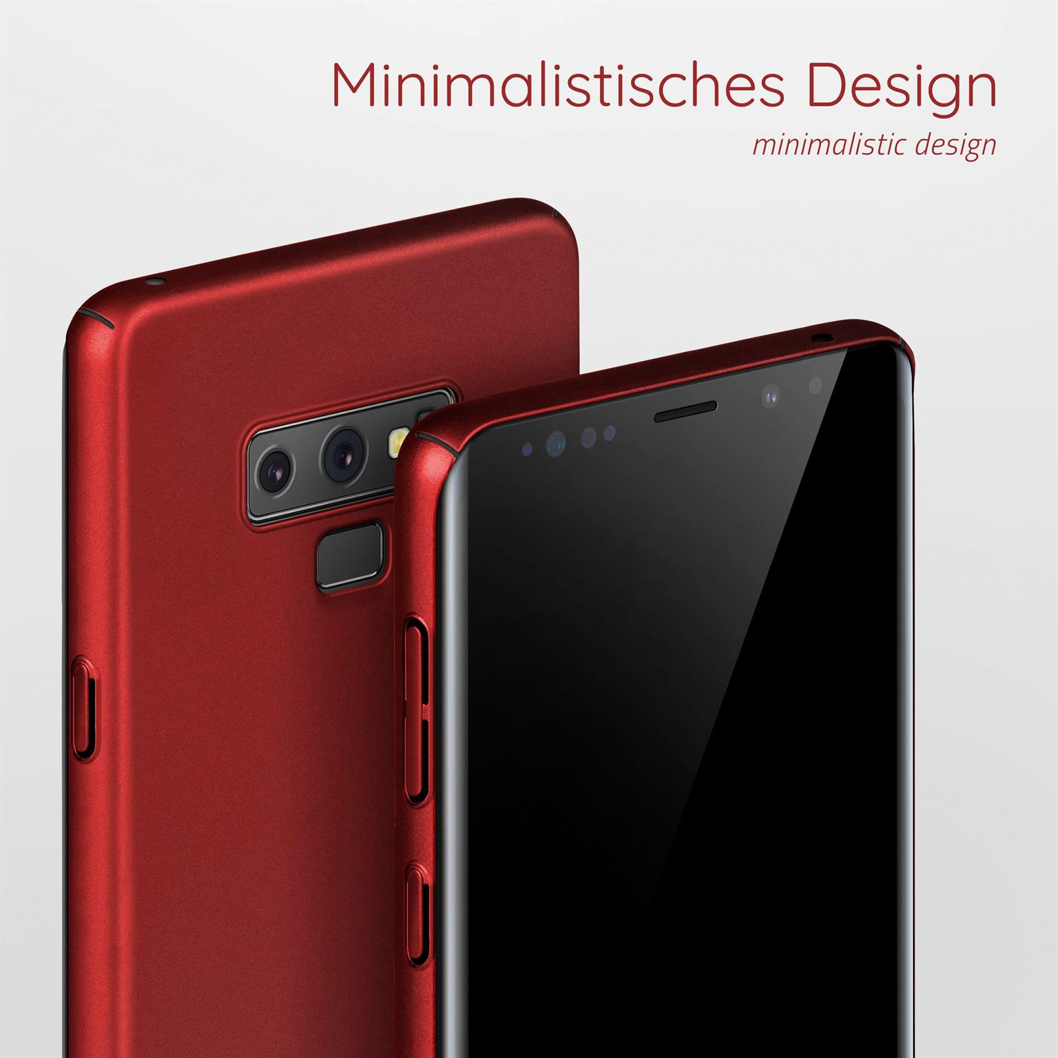 Nahaufnahme von zwei roten Handyhüllen. Text: Minimalistisches Design.