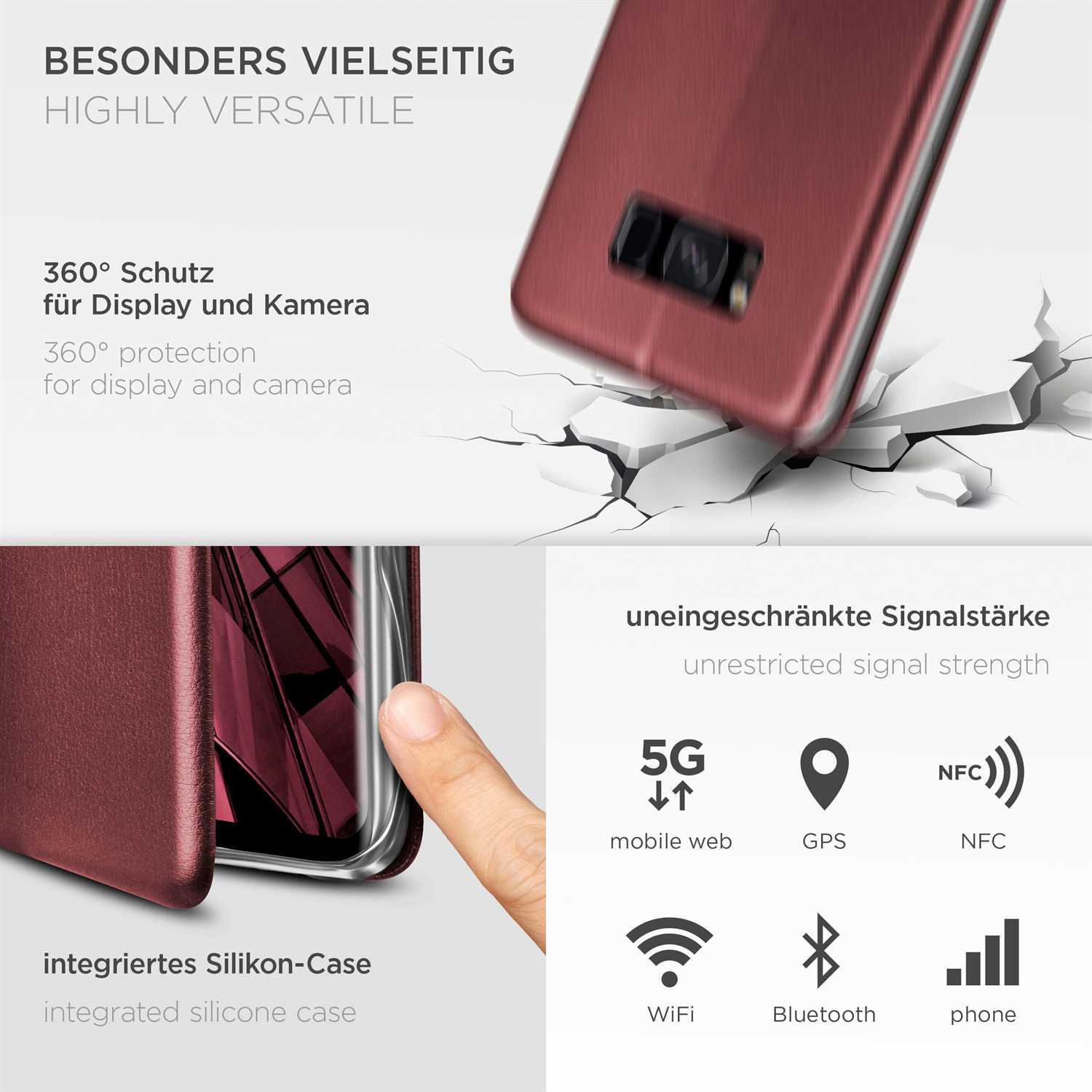 Eine Handyhülle, offen. Telefon innen. Symbole für 5G, GPS, NFC, WLAN, Bluetooth und Signalstärke werden angezeigt.