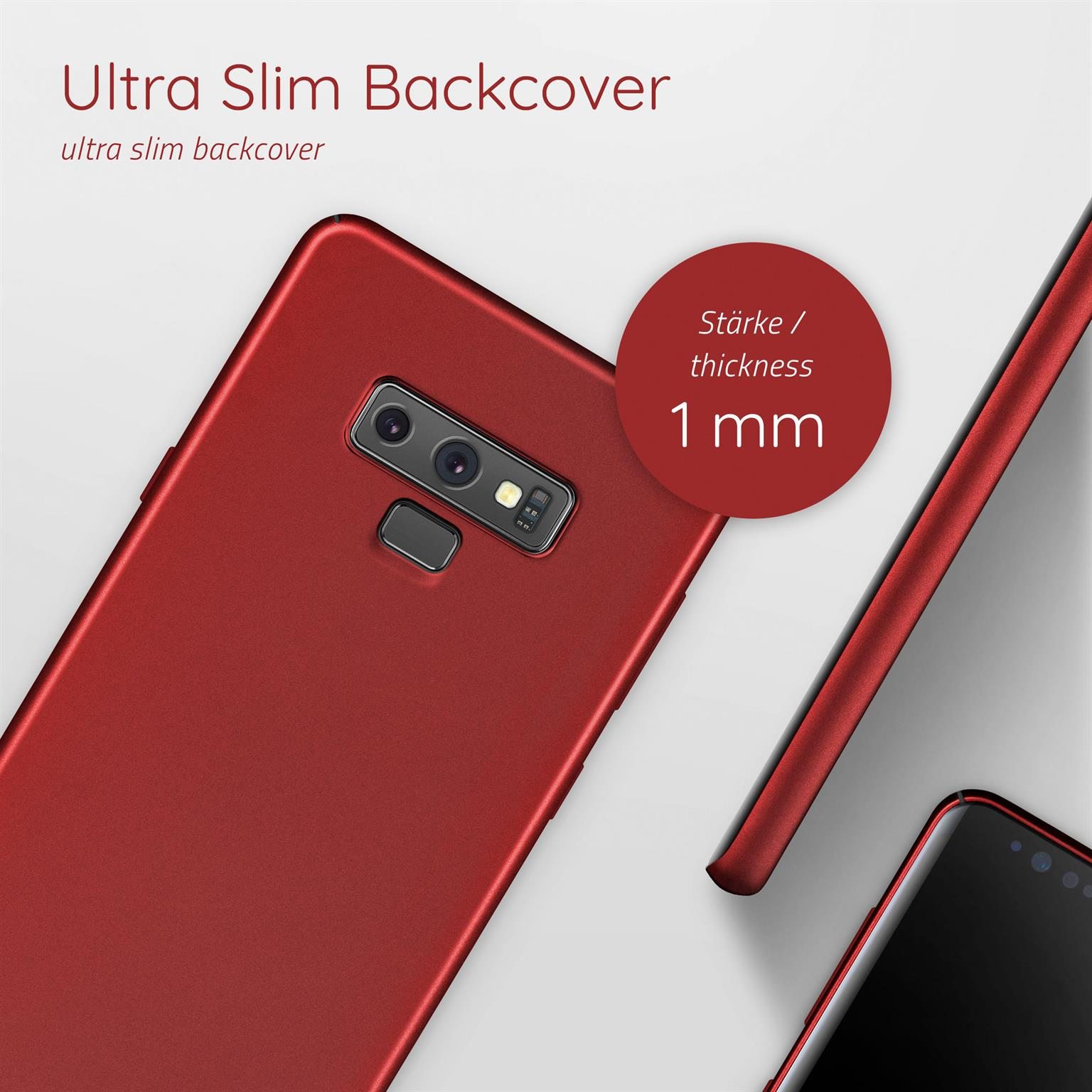 Rote Handyhülle mit Text: Ultra Slim Backcover. Ein Kreis zeigt 1 mm Dicke.
