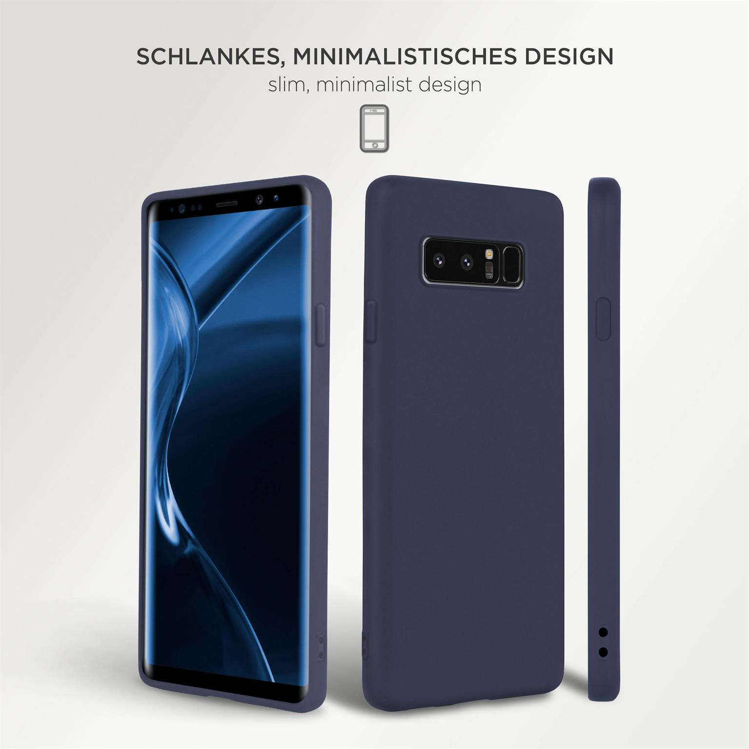 Blaue Handyhülle. Der Text lautet 'schlankes, minimalistisches Design'. Drei Ansichten der Hülle werden gezeigt.